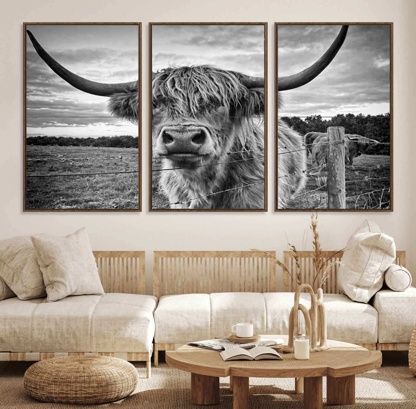 71937-MGV-FC-60X30-3P_Walnut-Scottish Highland Cow Wall Art Canvas Print | Ready to Hang and Framed | Rustic Farmhouse Decor