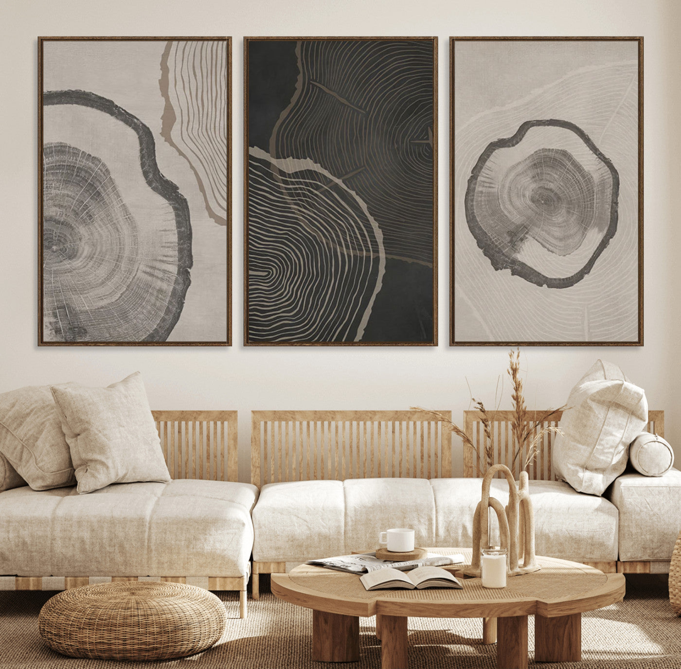25407-MGV-FC-60X30-3P_Walnut-Minimalist Tree Rings Wall Art | Modern Abstract Canvas Print Set | Ready to Hang and Framed |