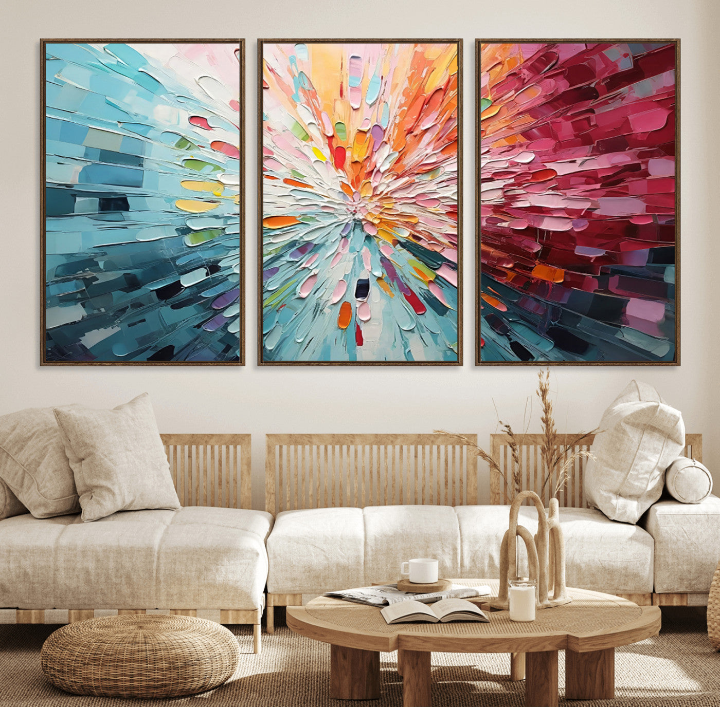 47065-MGV-FC-60X30-3P_Walnut-Radiant Bloom Abstract Floral Wall Art Canvas Print - Colorful Burst - Modern Living Room Decor -