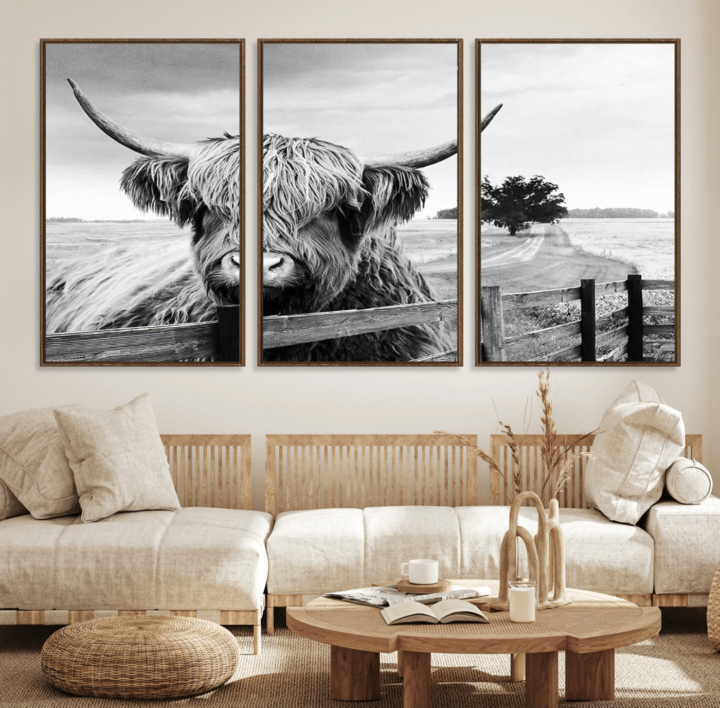 46054-MGV-FC-60X30-3P_Walnut-Scottish Highland Cow Wall Art | Rustic Farmhouse Décor | Black and White Ready to Hang Canvas Print