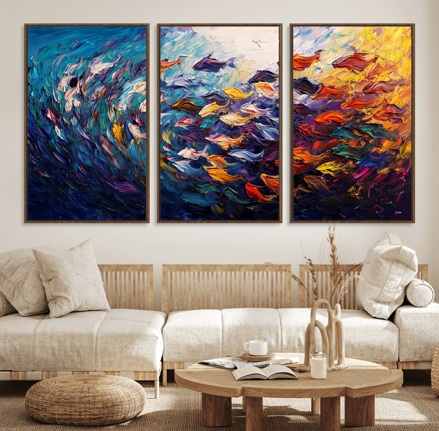 78292-MGV-FC-60X30-3P_Walnut-Vibrant Abstract Fish Swarm Art – Colorful Fish Inspired 3-Piece Canvas Wall Art for Living Room or
