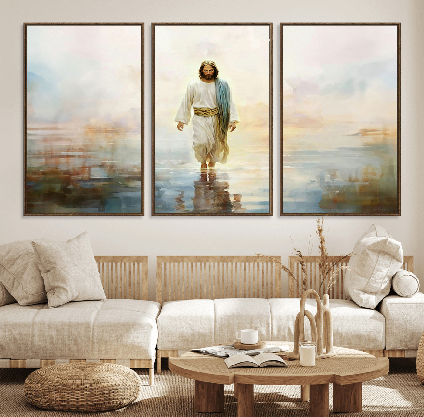 41795-MGV-FC-60X30-3P_Walnut-Framed Jesus Walking on Water Wall Art - 3-Panel Christian Canvas Prints, Religious Artwork for