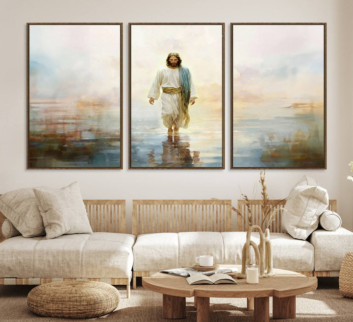 The 3-panel Framed Jesus Walking on Water Wall Art showcases a serene religious scene.