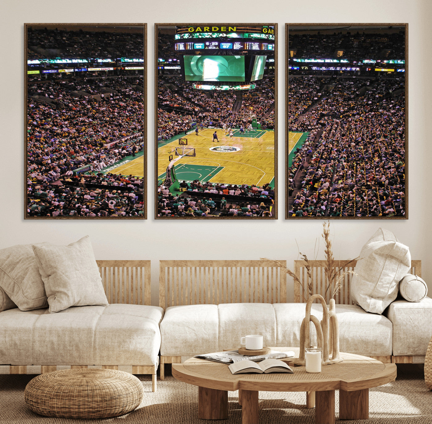 19201-MGV-FC-60X30-3P_Walnut-Celtics Game Versus The Timberwolves | Baseball Stadium Wall Art | Canvas Print | Ready to Hang