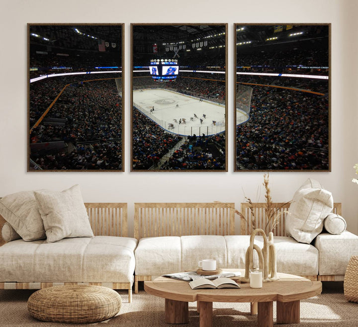 The wall art captures the essence of a Buffalo Sabres game on ice at KeyBank Center, making it deserving of a premium canvas print.