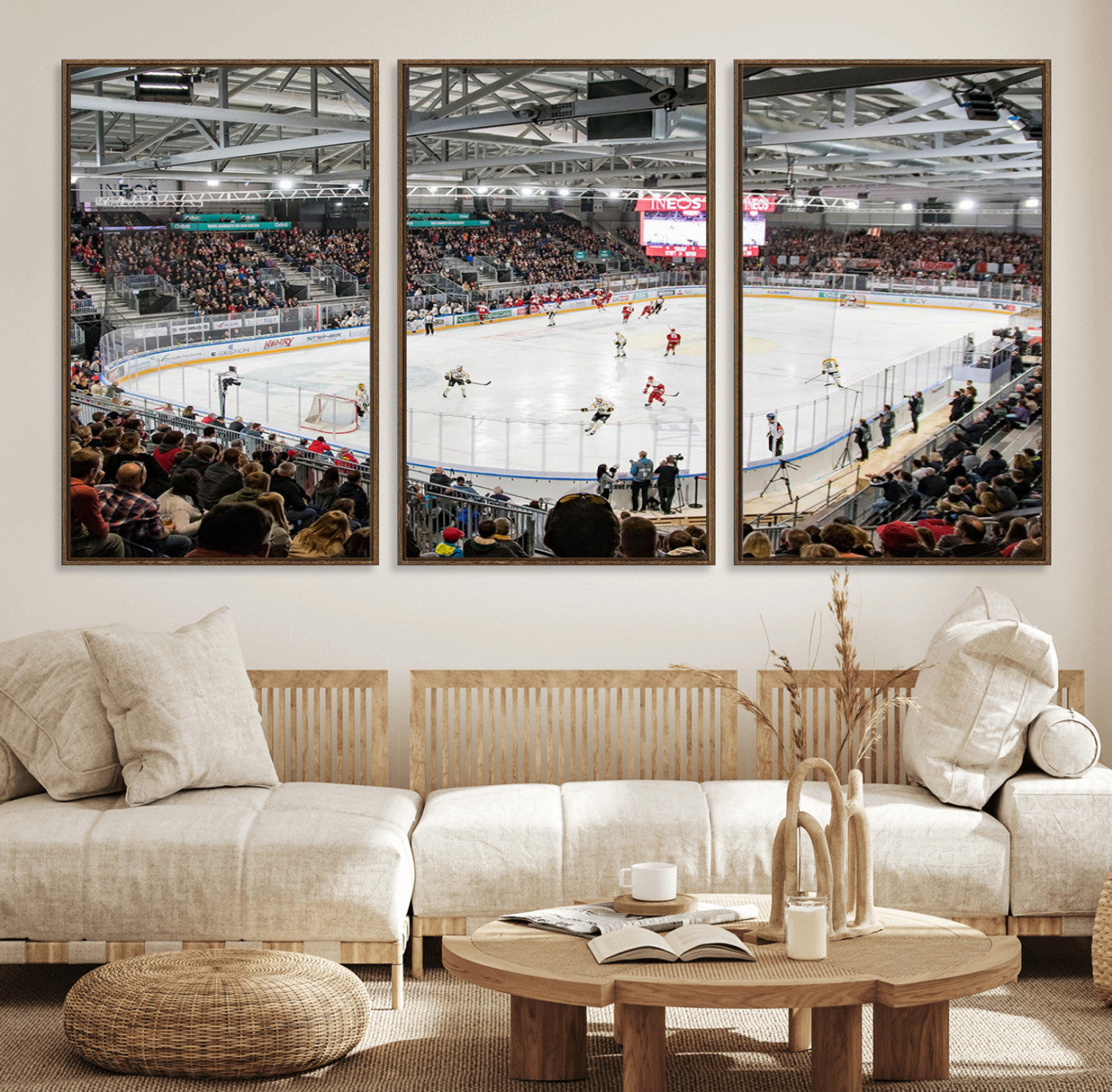 79352-MGV-FC-60X30-3P_Walnut-Lausanne Arena Ice Hockey Stadium Wall Art Canvas Print, Framed Lausanne Arena Ice Hockey Canvas