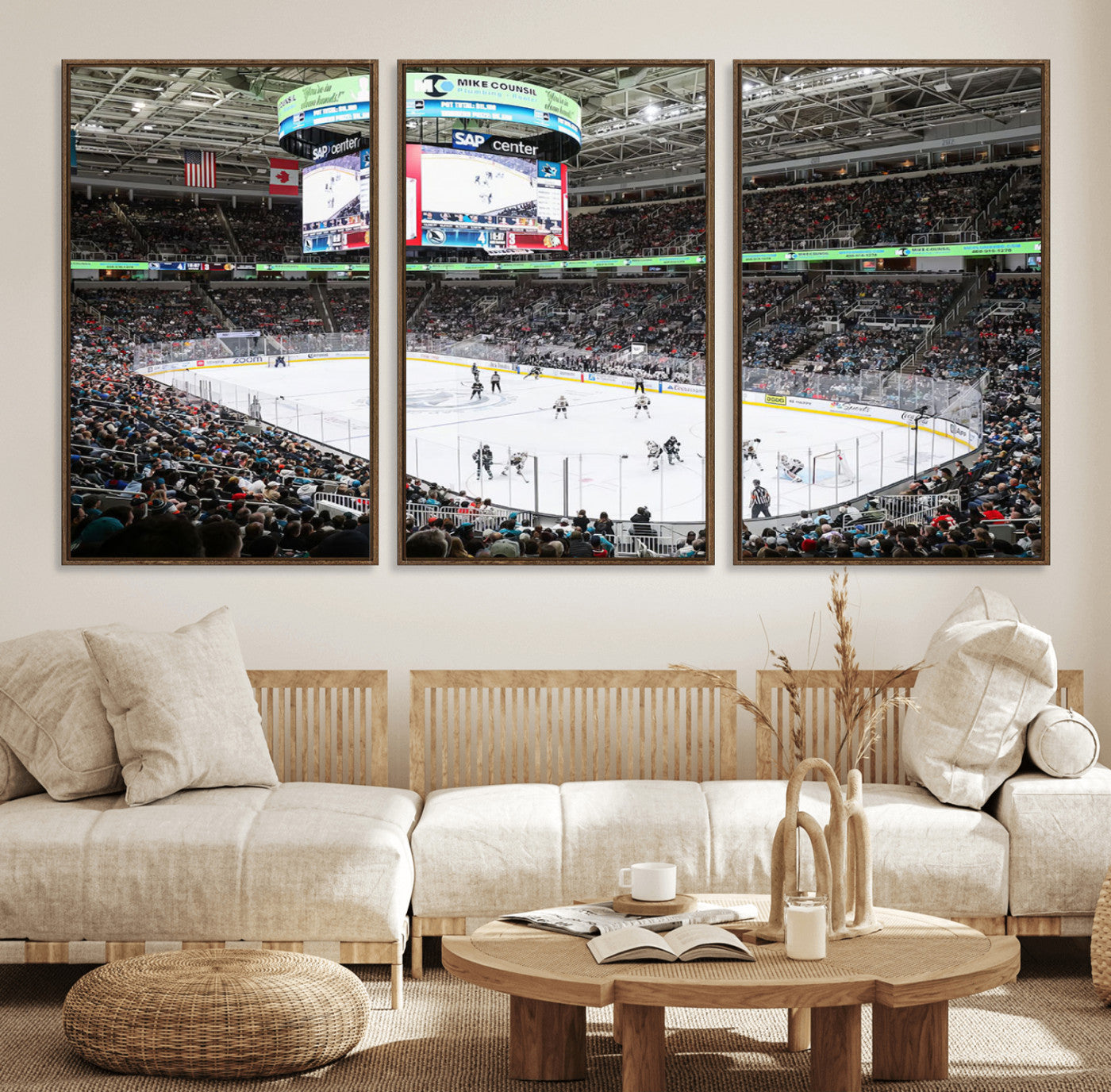 87538-MGV-FC-60X30-3P_Walnut-Sharks Arena Blackhawks Sharks Ice Hockey Stadium Wall Art Canvas Print, Framed Blackhawks Sharks