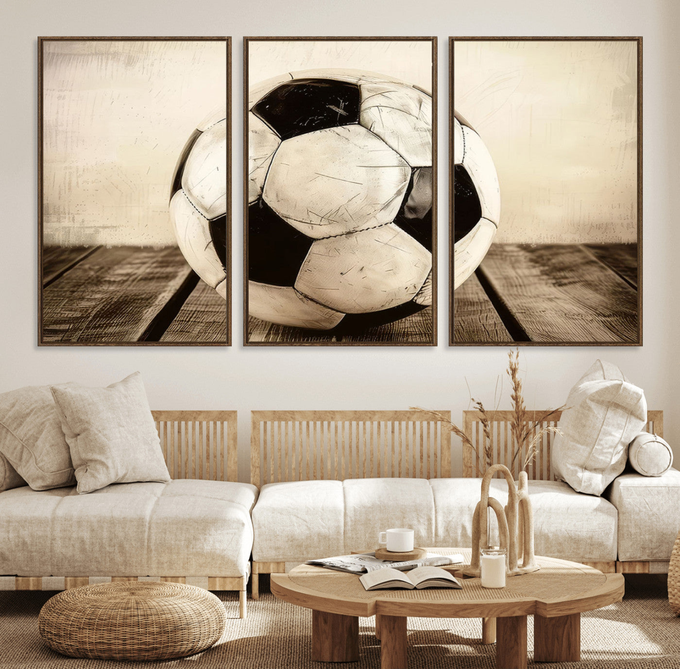 24319-MGV-FC-60X30-3P_Walnut-Vintage Soccer Ball Wall Decor Canvas Art – 3-Panel Soccer Wall Decor, Framed and Ready to Hang