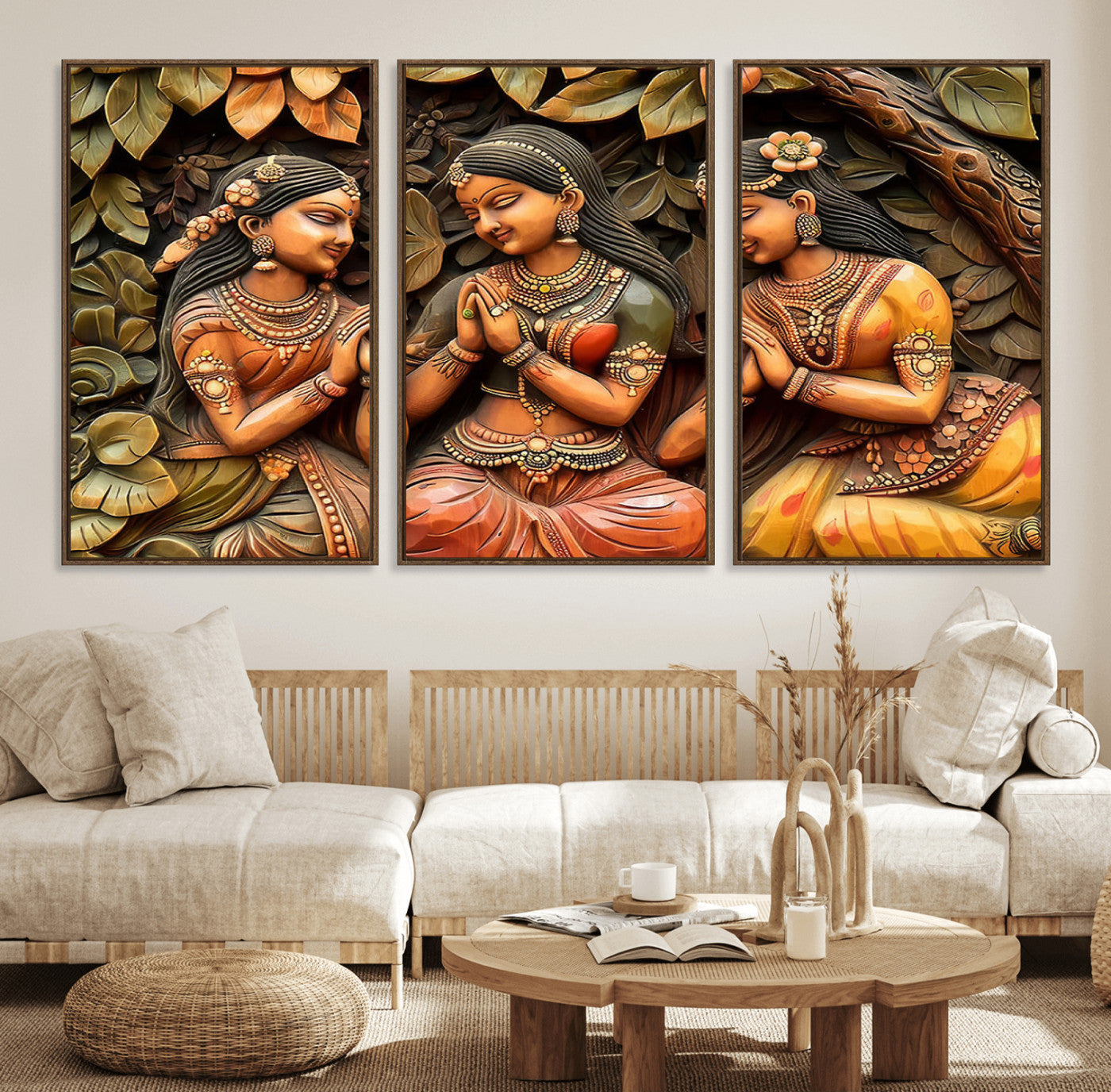 12926-MGV-FC-60X30-3P_Walnut-Indian Woman Statue Wall Art Canvas Print