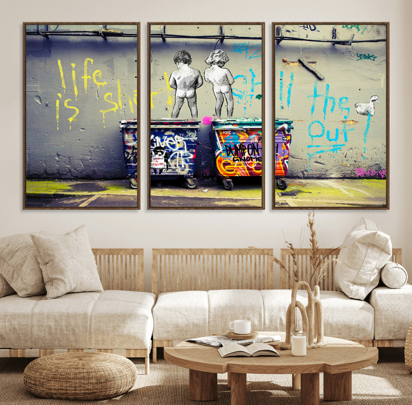 BanksSort-MGV-FC-60X30-3P_Walnut-Banksy Life is Short Wall Art - Iconic Graffiti Art on Framed Ready-to-Hang Canvas - Street Art