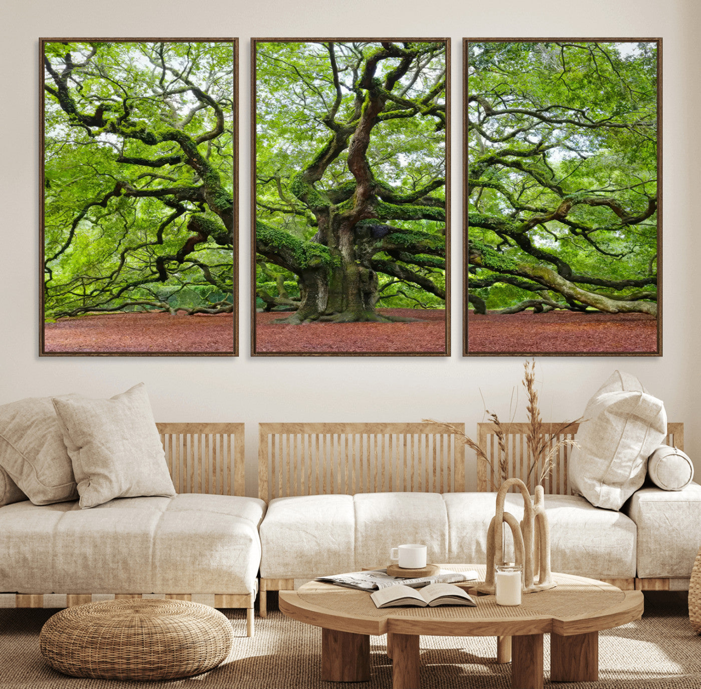 40313-MGV-FC-60X30-3P_Walnut-Framed Angel Oak Tree Wall Art - 3-Panel Canvas Prints, Large Green Nature Artwork, Ready to Hang