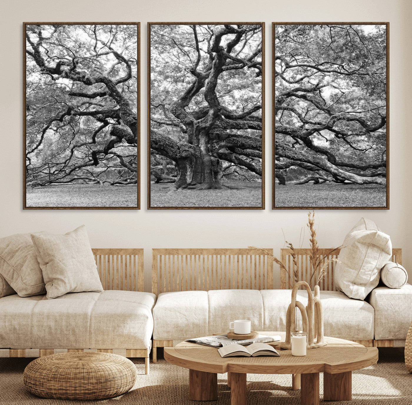 12314-MGV-FC-60X30-3P_Walnut-Black White Angel Oak Tree Wall Art - Timeless Nature-Inspired Canvas for Rustic, Modern, or