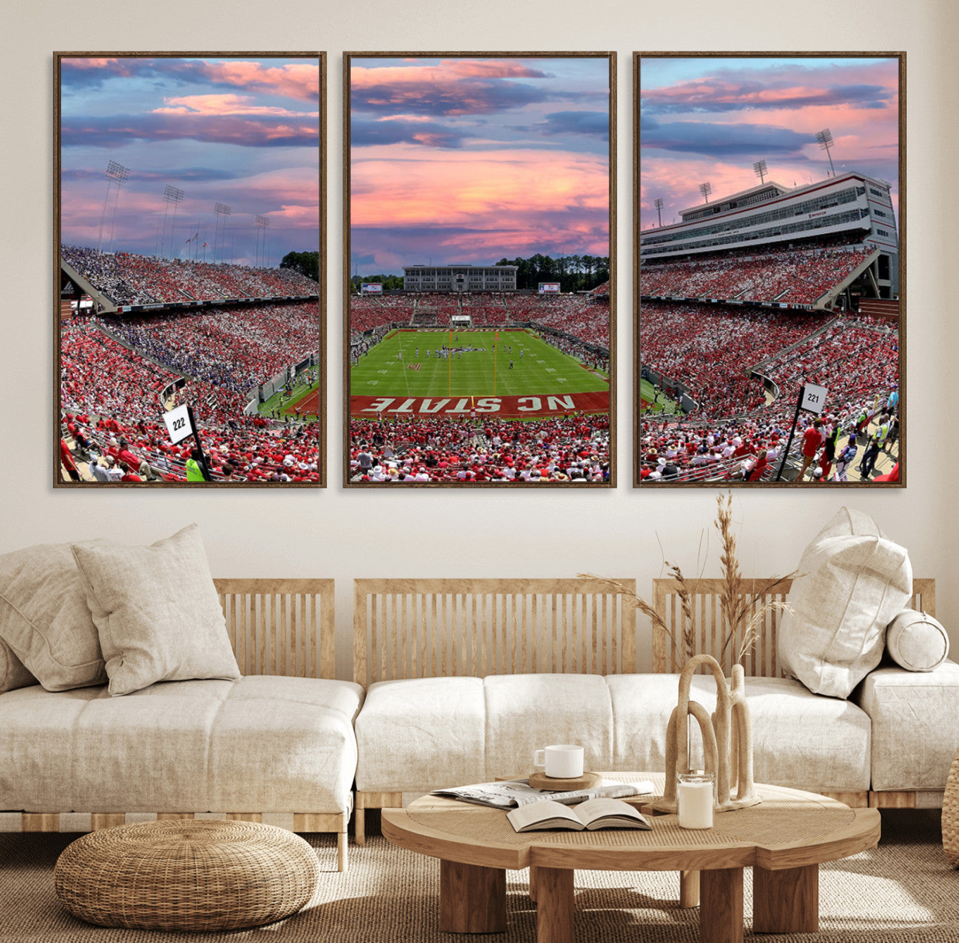 75072-MGV-FC-60X30-3P_Walnut-Carter-Finley Stadium Art Sunset Game Triple Canvas Wall Art - NC State Wolfpack Football Match
