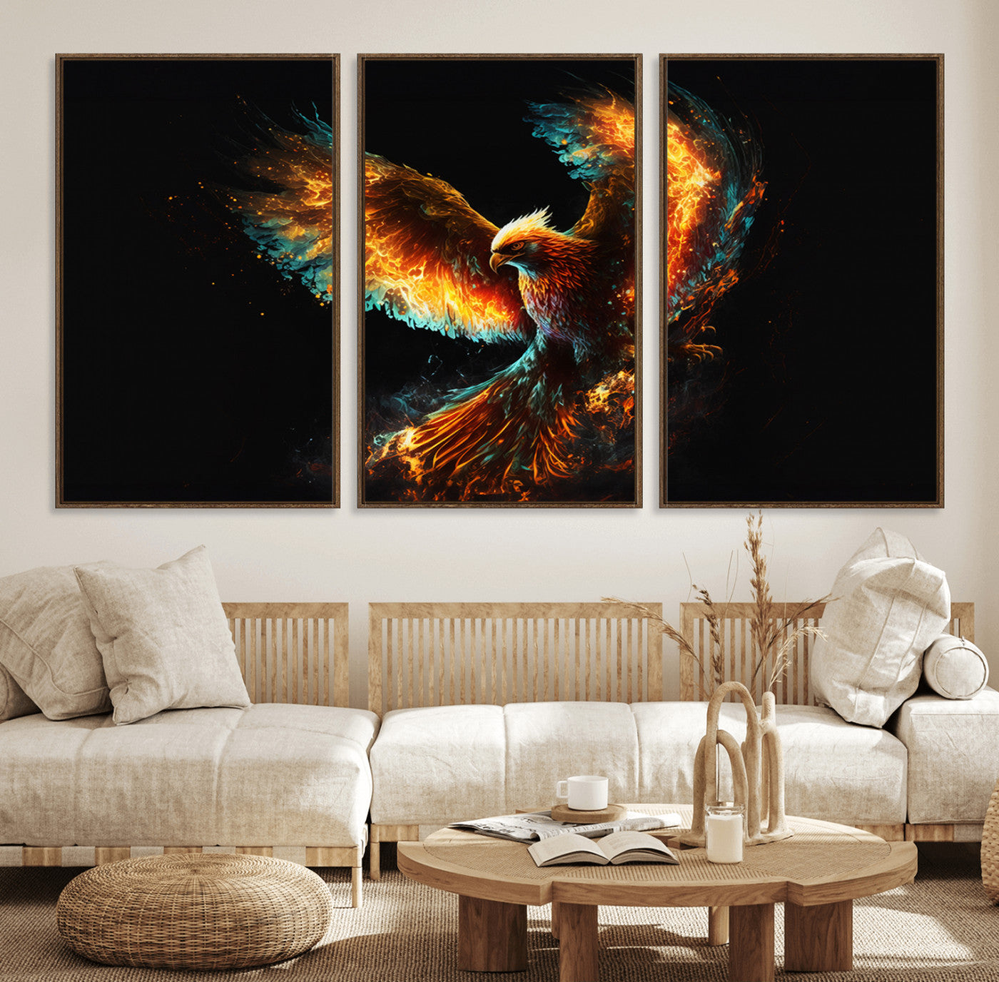 94554-MGV-FC-60X30-3P_Walnut-Fiery Phoenix Canvas Print | Ready to Hang Wall Art | Bold Fantasy Decor for Living Room | Majestic
