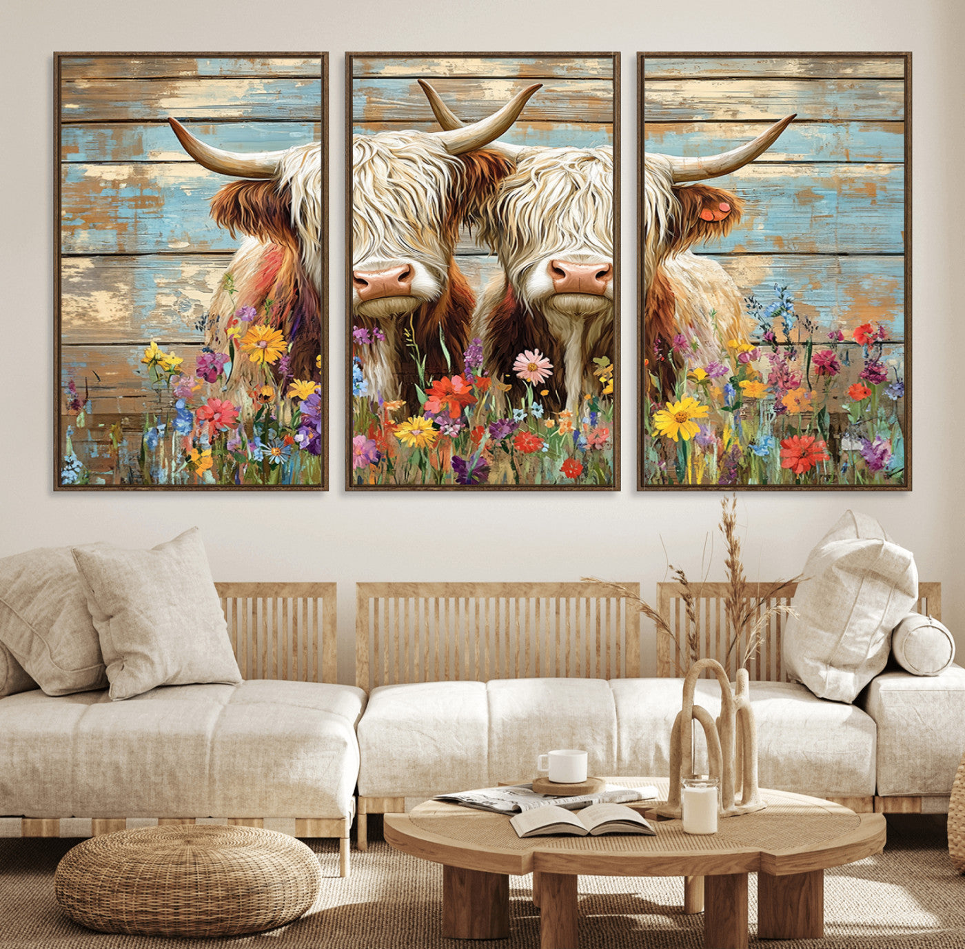 36972-MGV-FC-60X30-3P_Walnut-Cute Highland Cow Canvas Wall Art - Rustic Farmhouse Decor with Colorful Flowers Perfect Wall Art