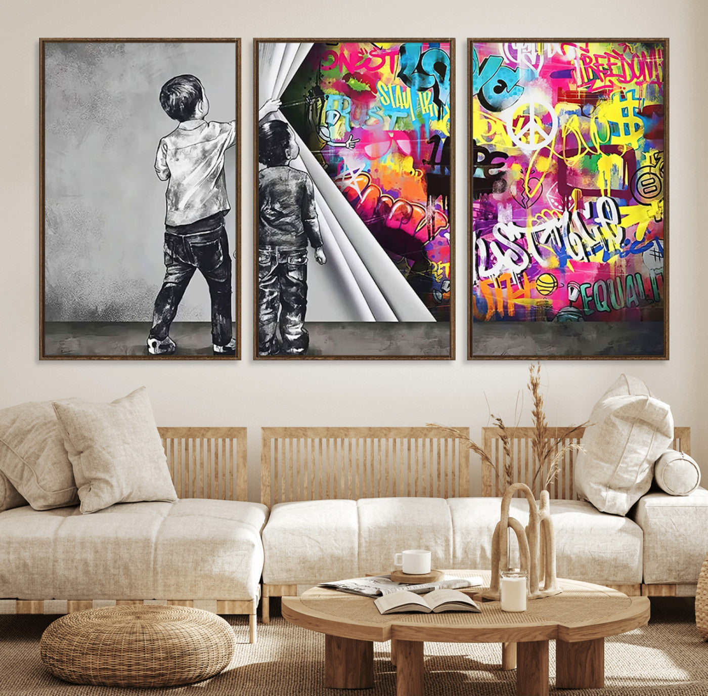 92809-MGV-FC-60X30-3P_Walnut-Banksy Print - Street Art Canvas Wall Art - Kids Revealing Graffiti, Urban Modern Decor for Living