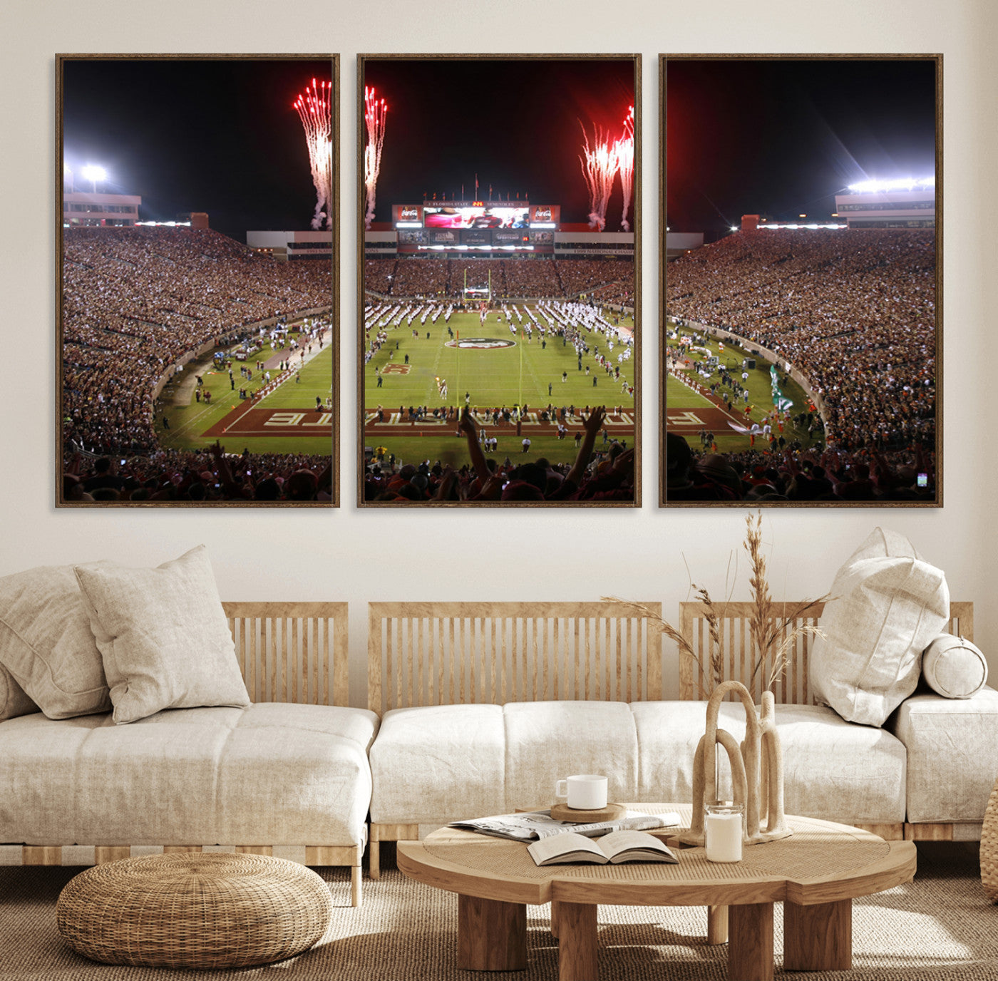 86288-MGV-FC-60X30-3P_Walnut-Framed Florida State Seminoles Football Team Print - Tallahassee Doak Campbell Stadium Wall Art