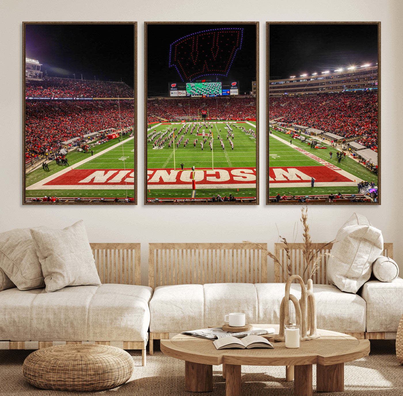 34125-MGV-FC-60X30-3P_Walnut-Wisconsin Badgers Football Team Print Canvas- Madison Camp Randall Stadium Wall Art Canvas Print