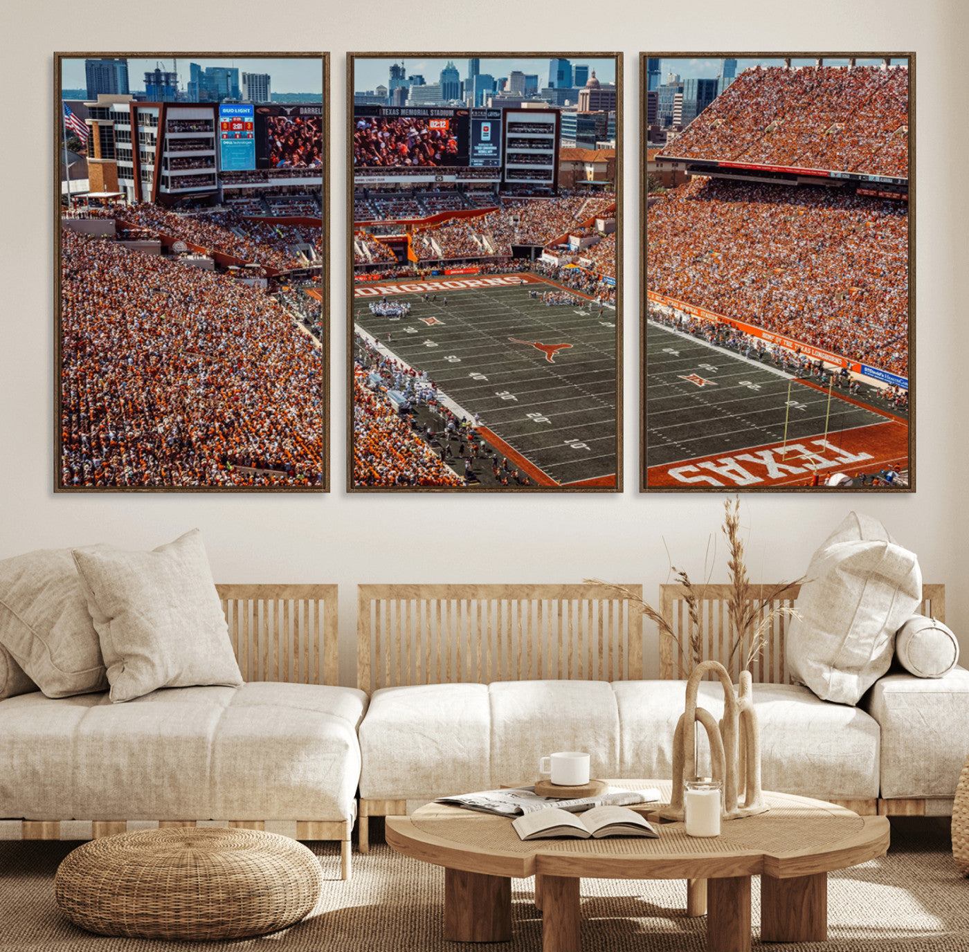 92103-MGV-FC-60X30-3P_Walnut-University of Texas Longhorns Football Team Print - Austin Darrell K Royal-Texas Memorial Stadium