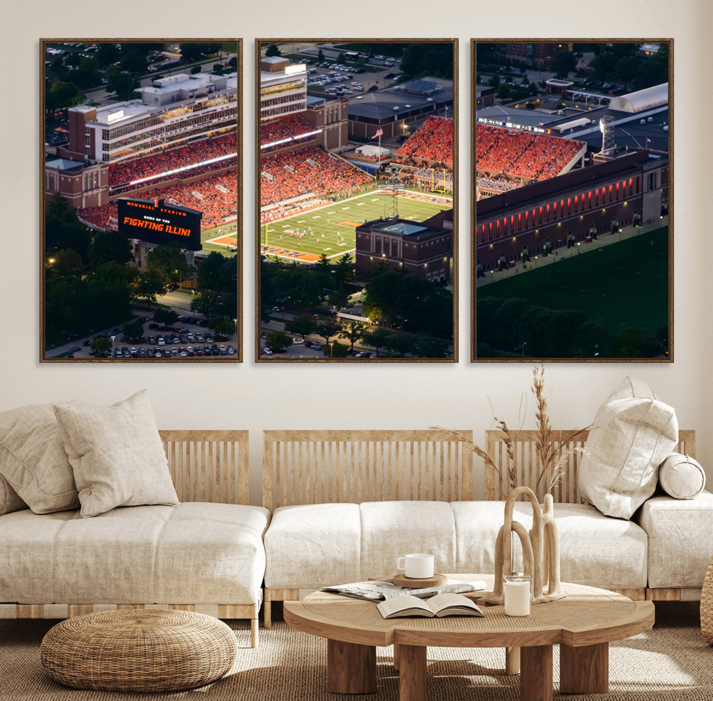 78052-MGV-FC-60X30-3P_Walnut-University of Illinois Fighting Illini Football Team Print - Champaign Illinois Memorial Stadium