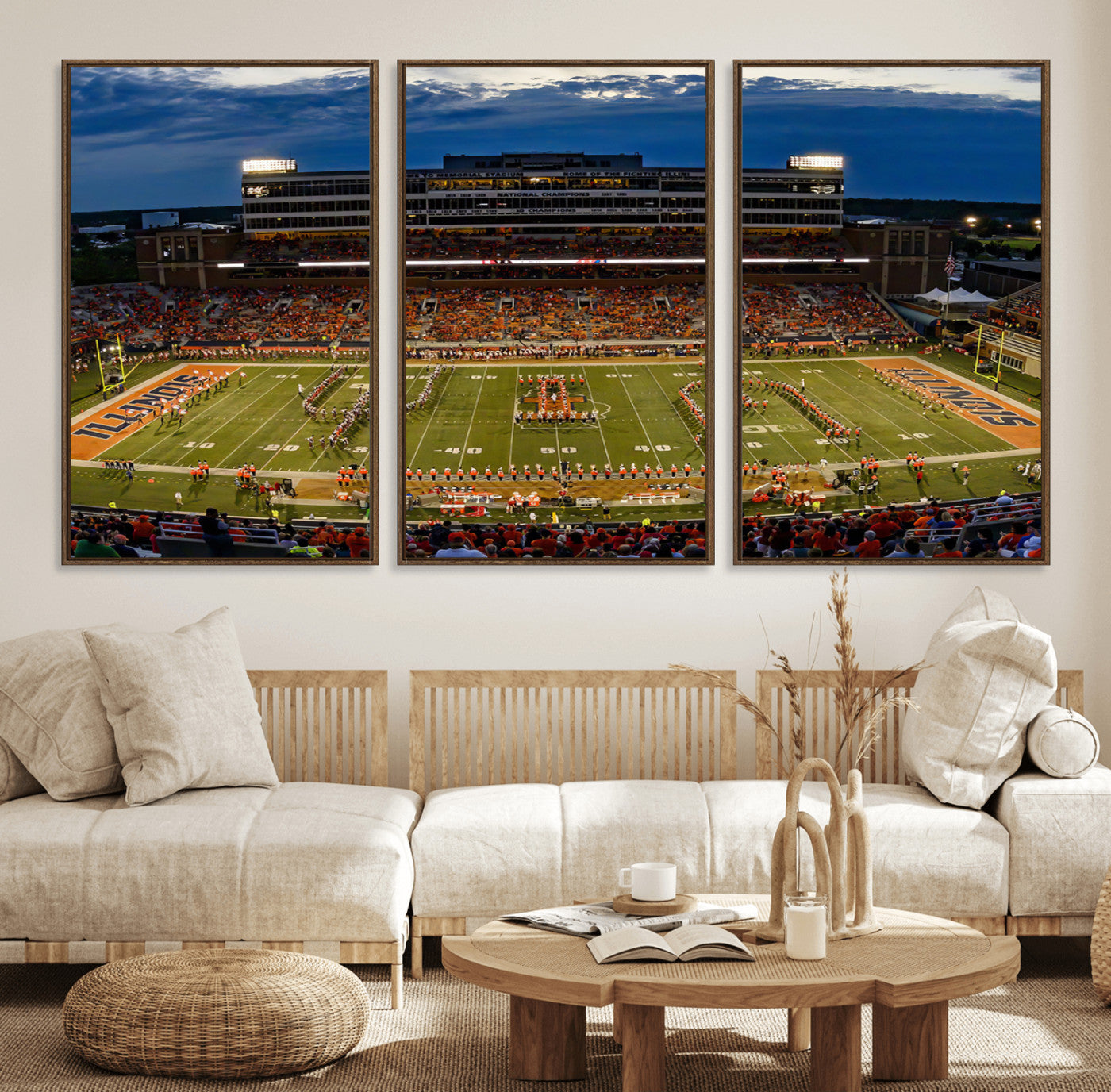 44513-MGV-FC-60X30-3P_Walnut-University of Illinois Fighting Illini Football Team Print - Champaign Illinois Memorial Stadium