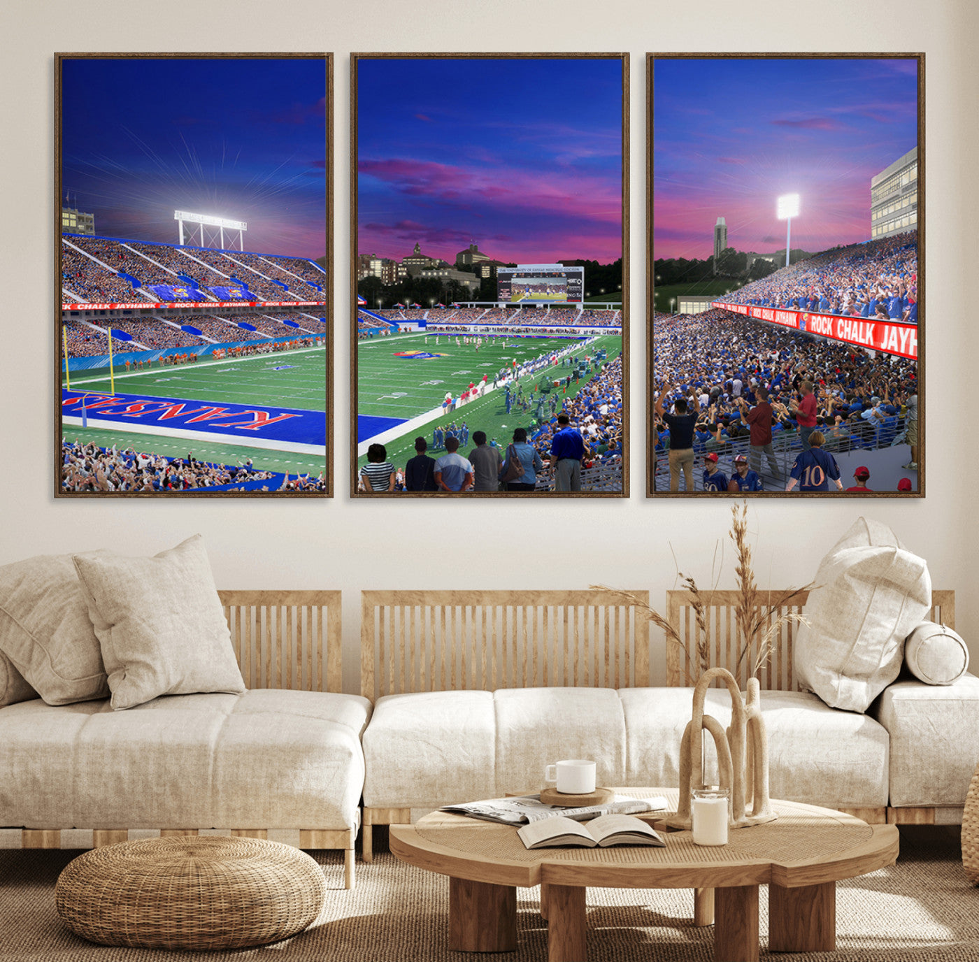 15407-MGV-FC-60X30-3P_Walnut-University of Kansas Jayhawks Football Team Print Canvas- Lawrence Kansas Memorial Stadium Wall Art