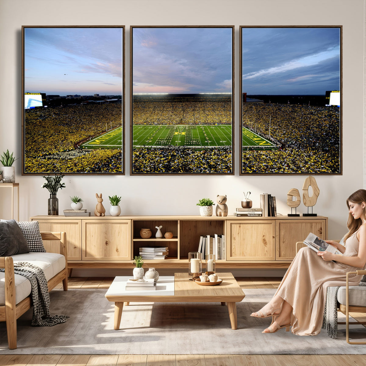 82641-MGV-CV-36X24 - Michigan Stadium Wall Art Canvas Print – Framed Football Field Scene with Marching Band Artwork for Home, Office