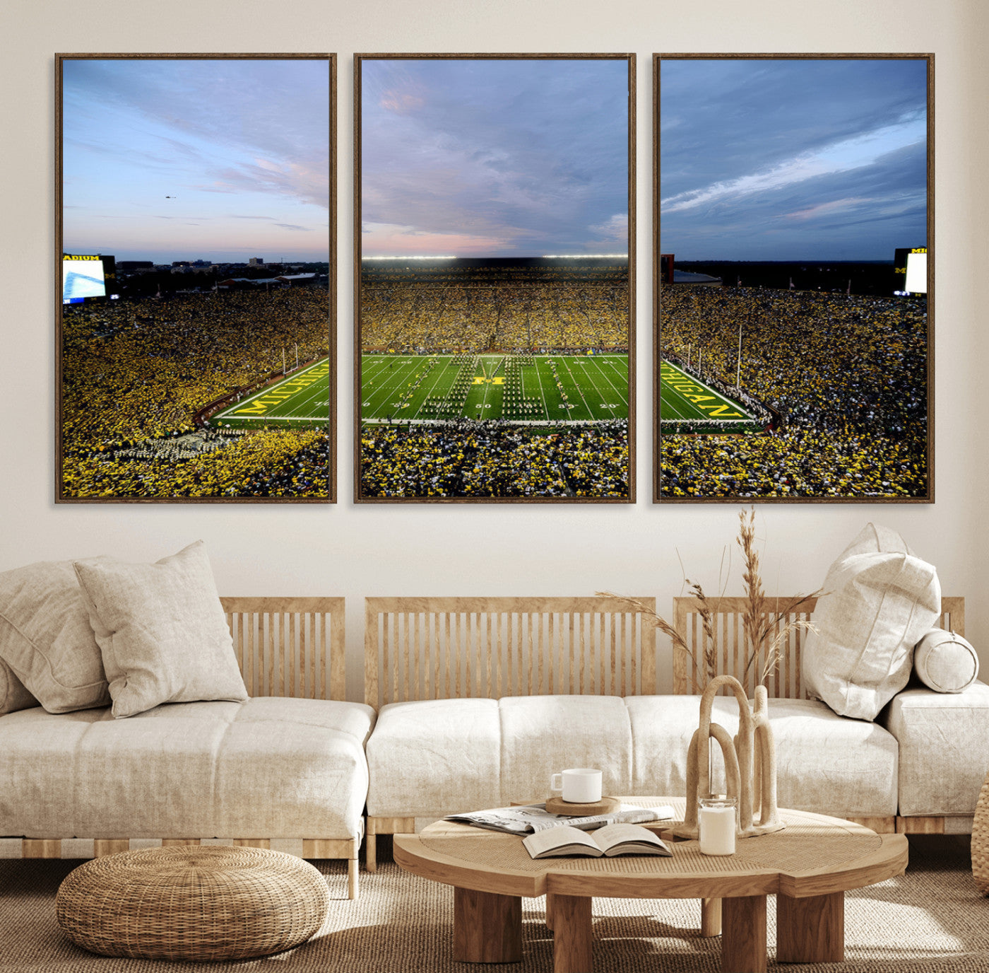 82641-MGV-FC-60X30-3P - Michigan Stadium Wall Art Canvas Print, Vibrant Game Day Crowd and Sunset Sky Football Field Artwork for Home, Office