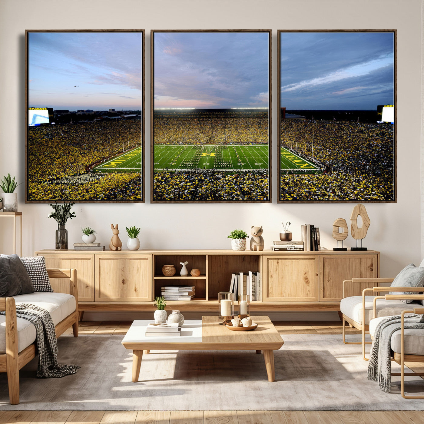 82641-MGV-CV-36X24 - Michigan Stadium Wall Art Canvas Print, Vibrant Game Day Crowd and Sunset Sky Football Field Artwork for Home, Office