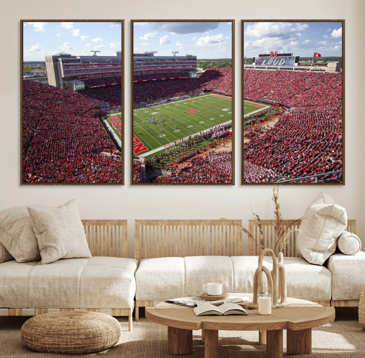 84975-MGV-FC-60X30-3P_Walnut-University of Nebraska Cornhuskers Football Team Print - Lincoln Memorial Stadium Wall Art Canvas