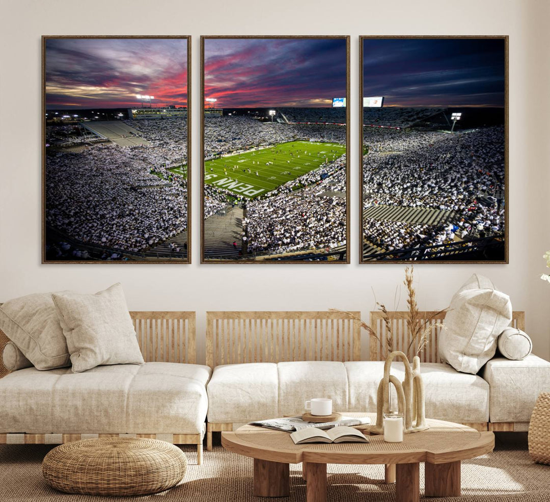 A sunset print on a canvas wall art piece captures the scene of white-clad fans at Beaver Stadium for the Nittany Lions game.