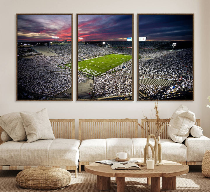 A sunset print on a canvas wall art piece captures the scene of white-clad fans at Beaver Stadium for the Nittany Lions game.