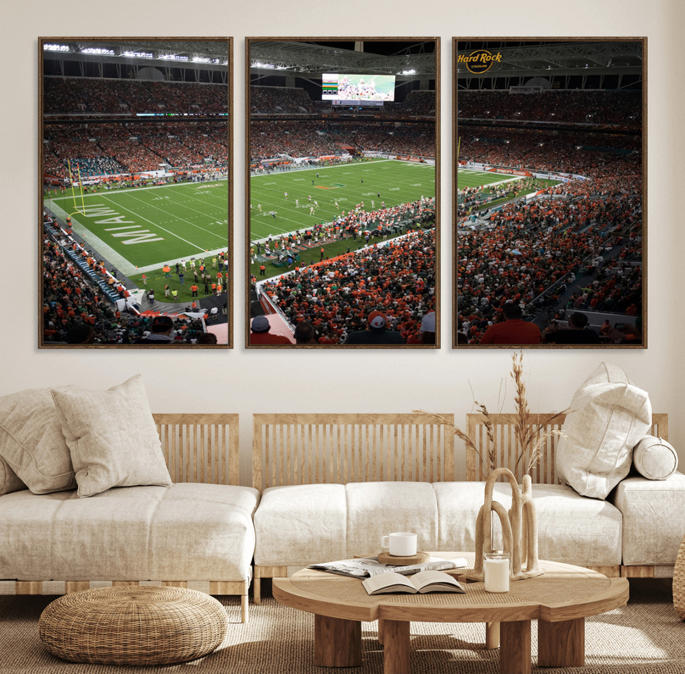 33698-MGV-FC-60X30-3P_Walnut-Miami Hurricanes Football Team Print Canvas- Miami Hard Rock Stadium Wall Art Canvas Print