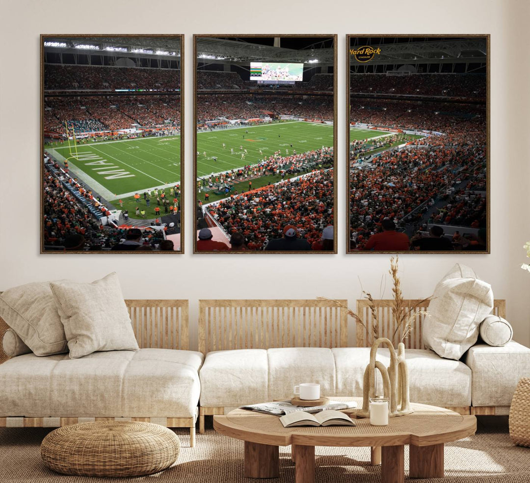 Aerial view of a Miami Hurricanes game at Hard Rock Stadium captured on canvas print, showcasing the teams on the field and fans in the stands.