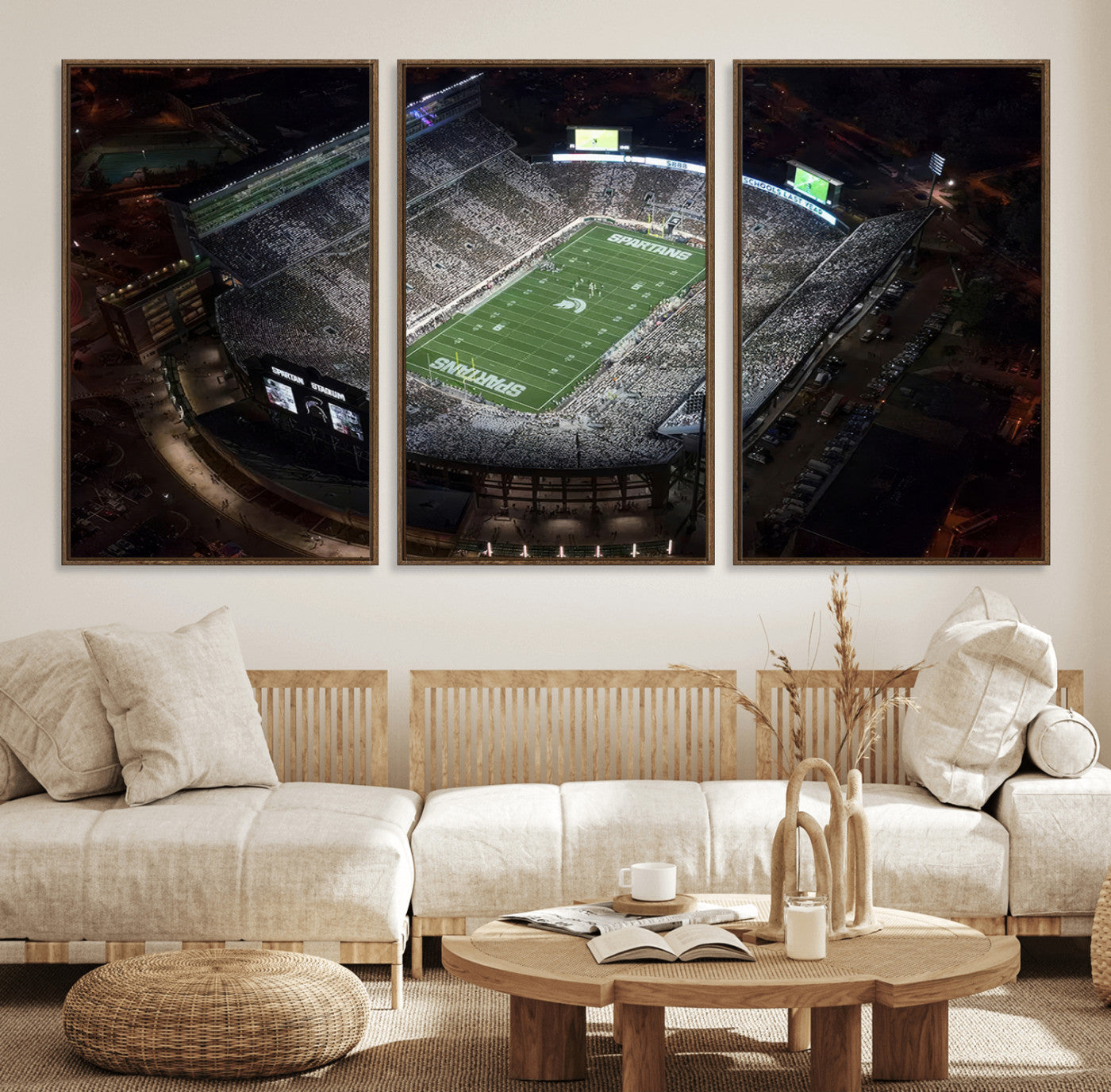 62258-MGV-FC-60X30-3P_Walnut-Michigan State Spartans Football Team Print - East Lansing Spartan Stadium Print Wall Art