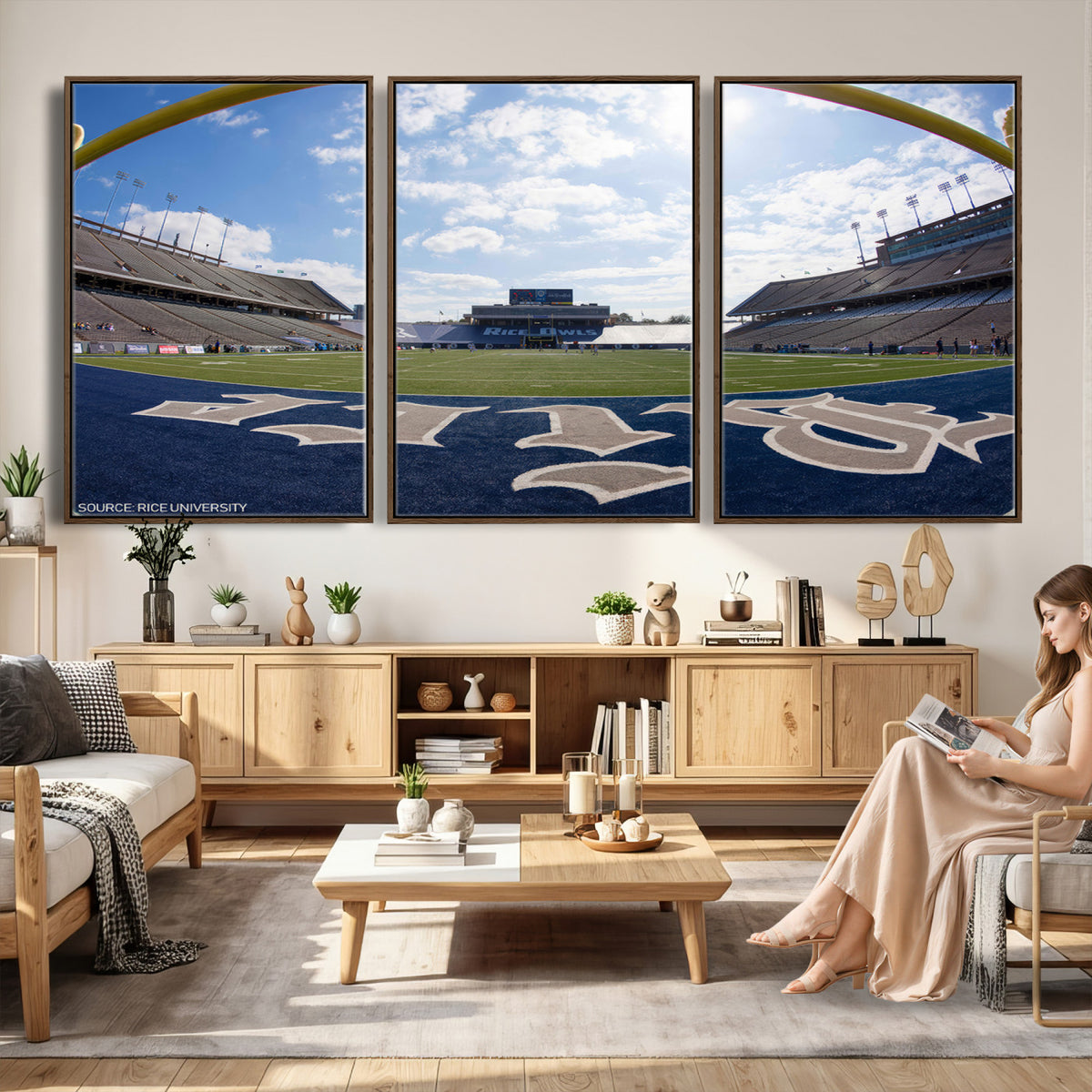 50267-MGV-CV-36X24 - Rice University Owls Football Team Print, Houston Rice Stadium, Framed and Ready to Hang