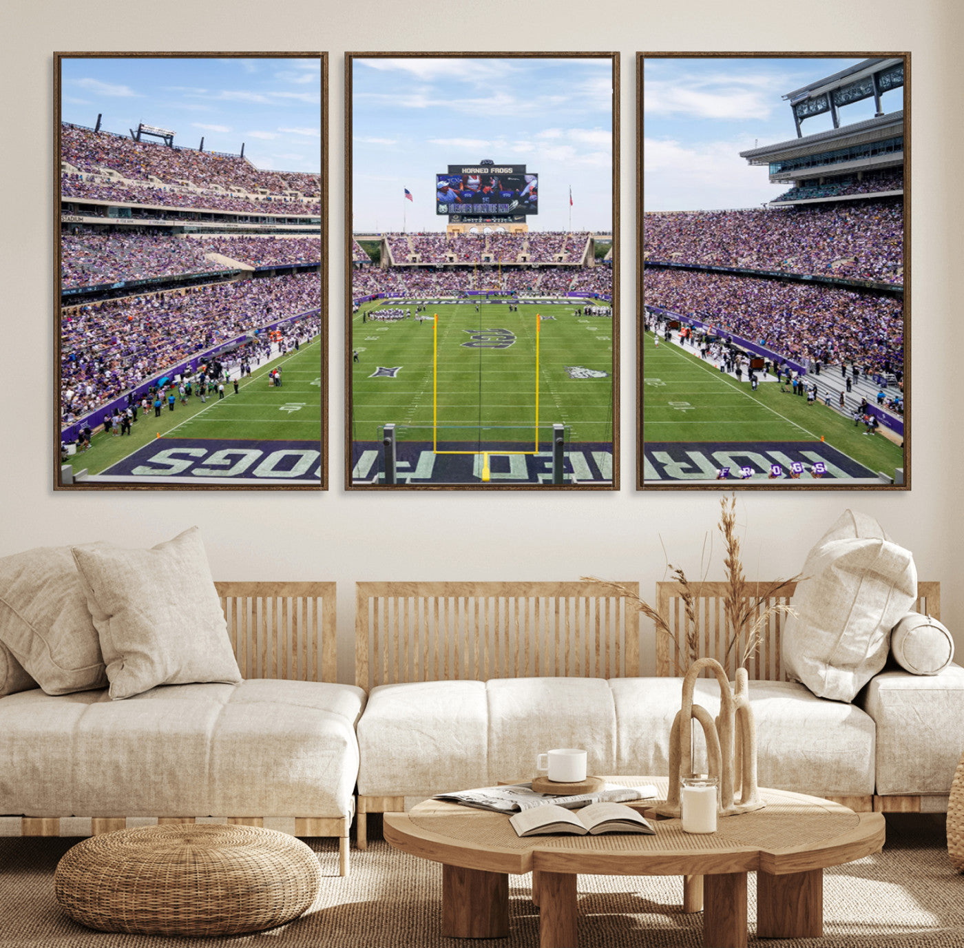 27650-MGV-FC-60X30-3P_Walnut-TCU Horned Frogs Football Team Print - Fort Worth Amon G. Carter Stadium Wall Art Canvas Print