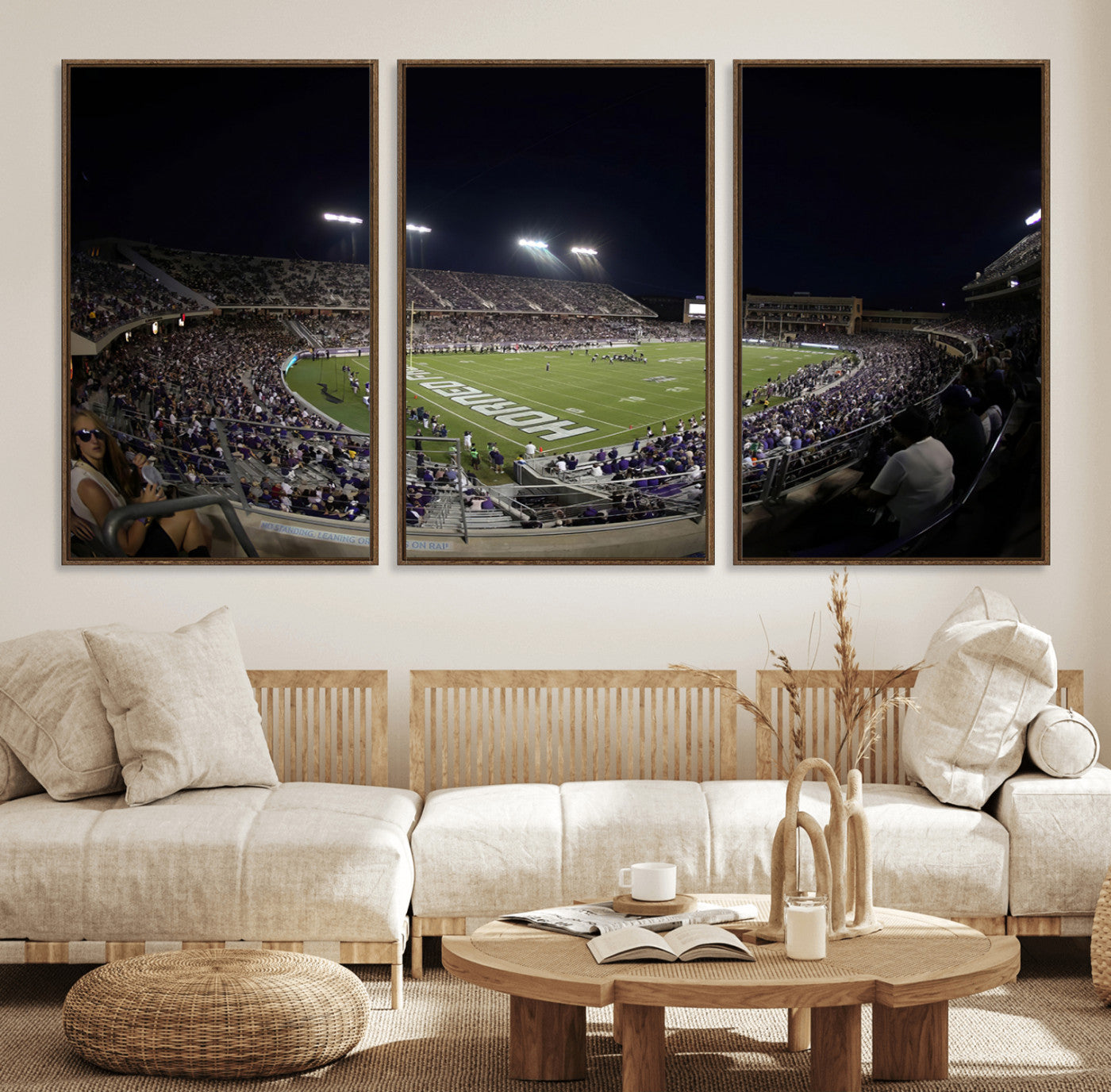 59222-MGV-FC-60X30-3P_Walnut-TCU Horned Frogs Football Team Print - Fort Worth Amon G. Carter Stadium Wall Art Canvas Print.