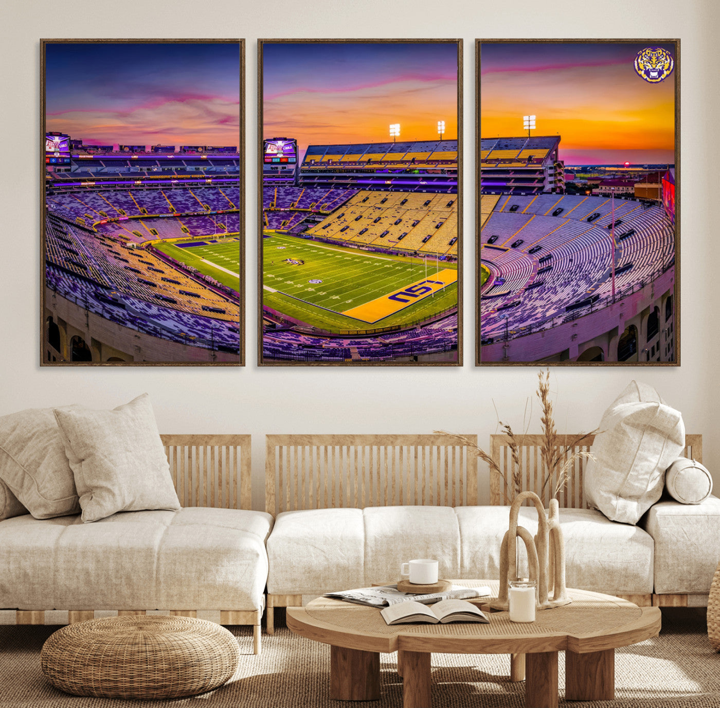 93538-MGV-FC-60X30-3P_Walnut-The Louisiana State University Tigers Football Team Print - Baton Rouge Tiger Stadium Wall Art