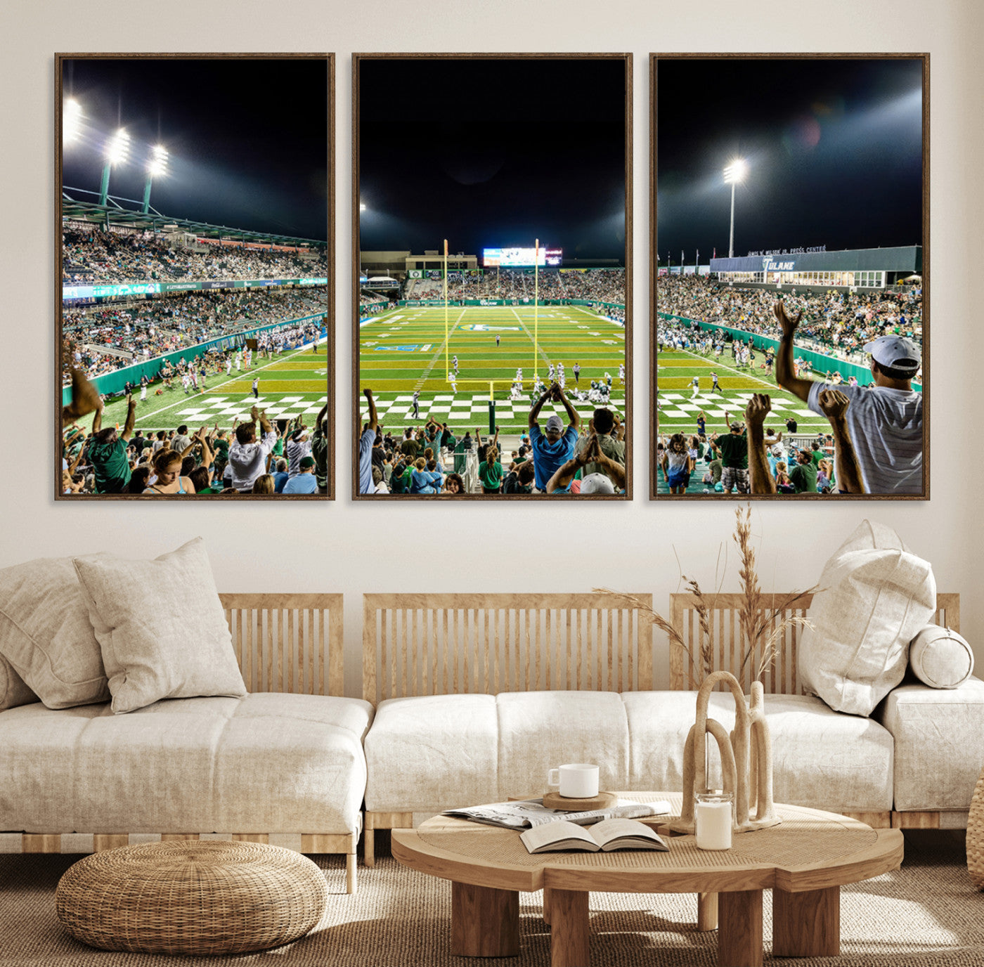 56448-MGV-FC-60X30-3P_Walnut-The Tulane University Green Wave Football Team Print - New Orleans Yulman Stadium Wall Art Canvas