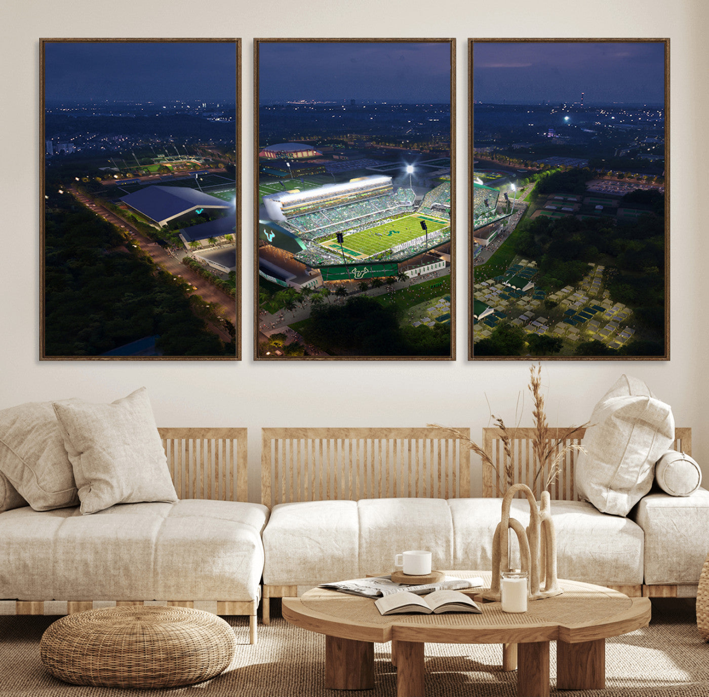 27554-MGV-FC-60X30-3P_Walnut-The University of South Florida Bulls Football Team Print - Tampa USF Football Stadium Wall Art