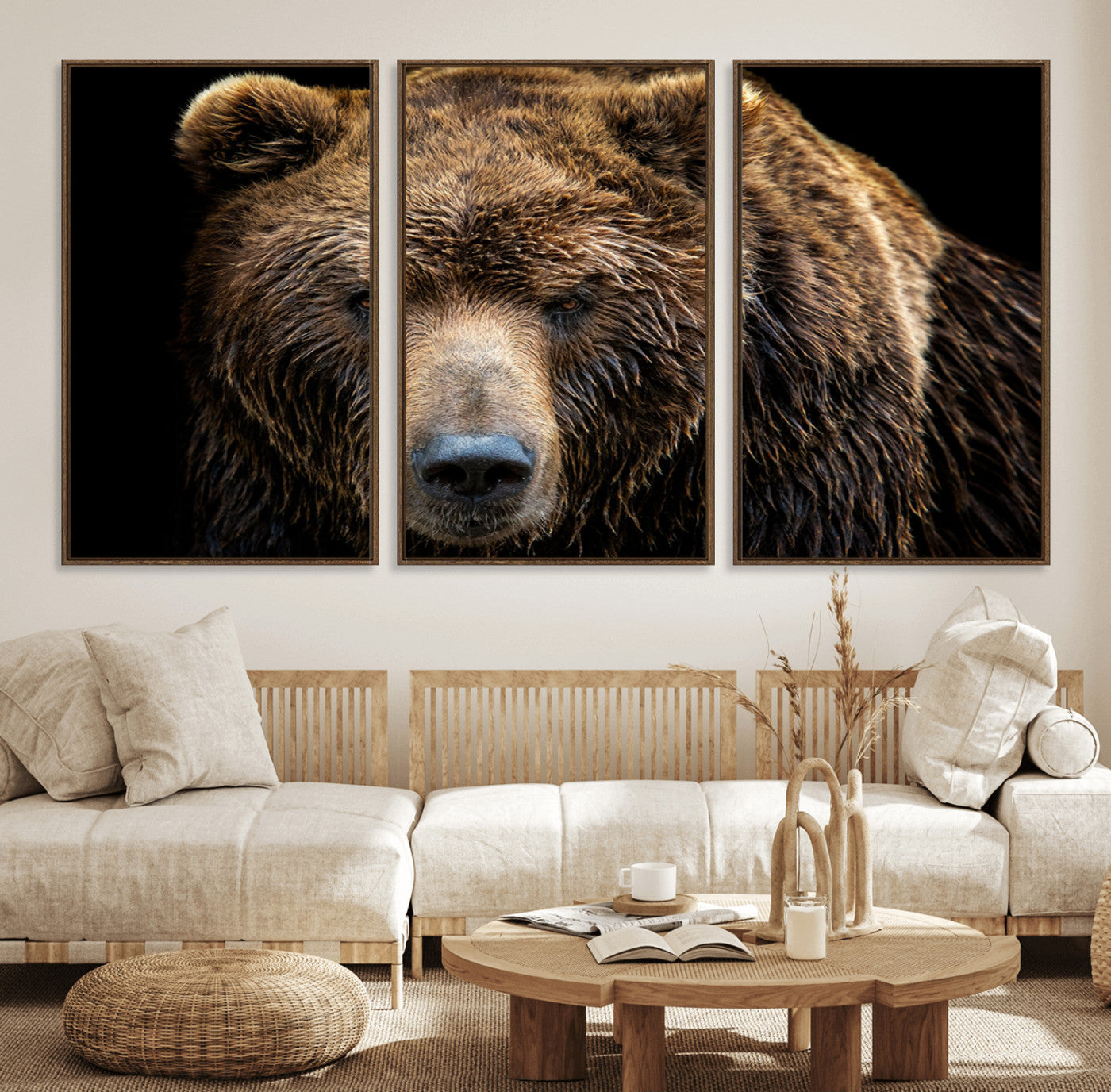 17311-MGV-FC-60X30-3P_Walnut-Grizzly Brown Bear Canvas Wall Art, Wildlife Animal Canvas Artwork Bear Print, Bear Wall Art Print,