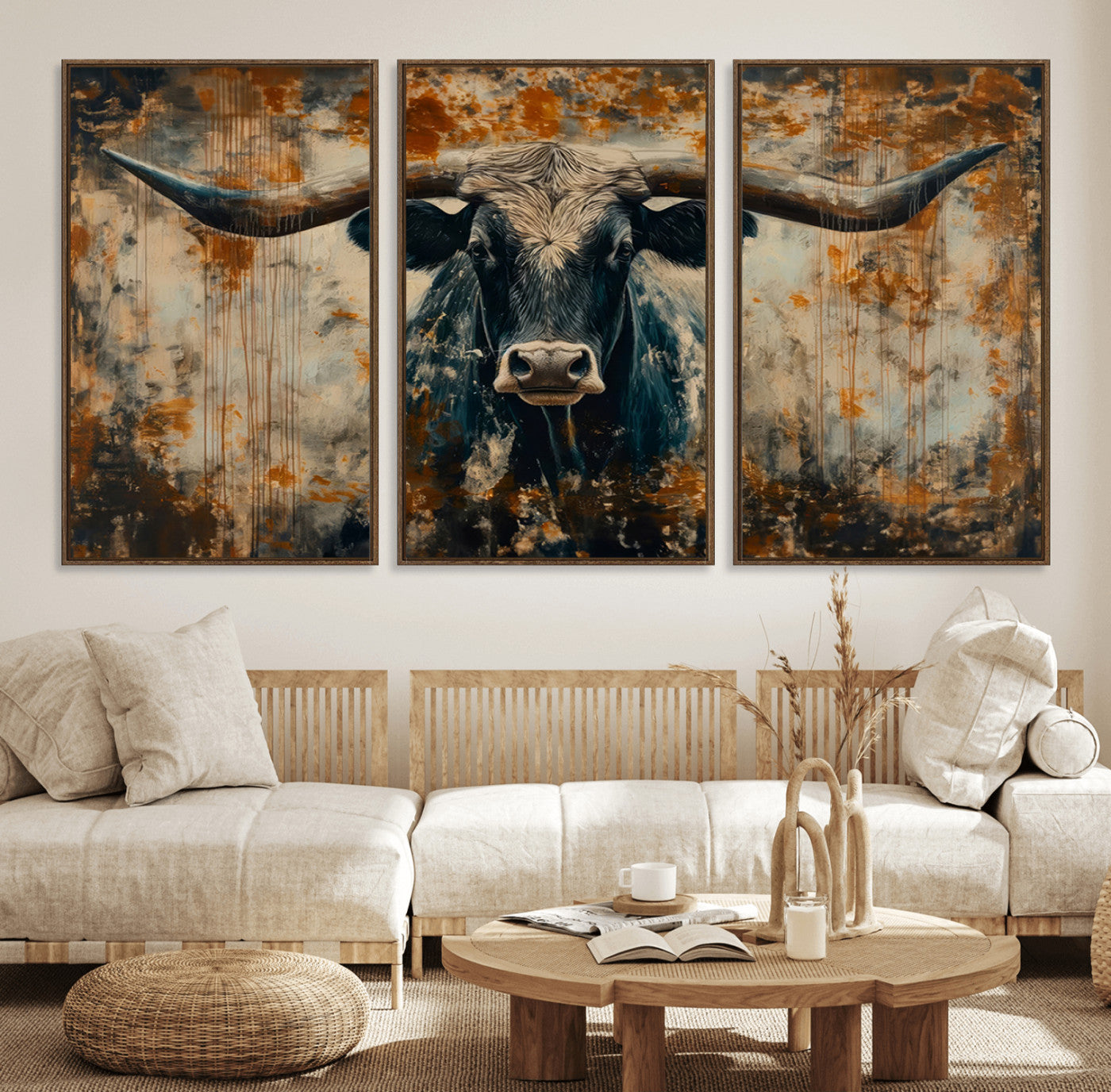 85913-MGV-FC-60X30-3P_Walnut-Longhorn Wall Art – Rustic Western Bull Canvas Print, Modern Farmhouse Animal Decor for Living Room, Office, or Ranch House