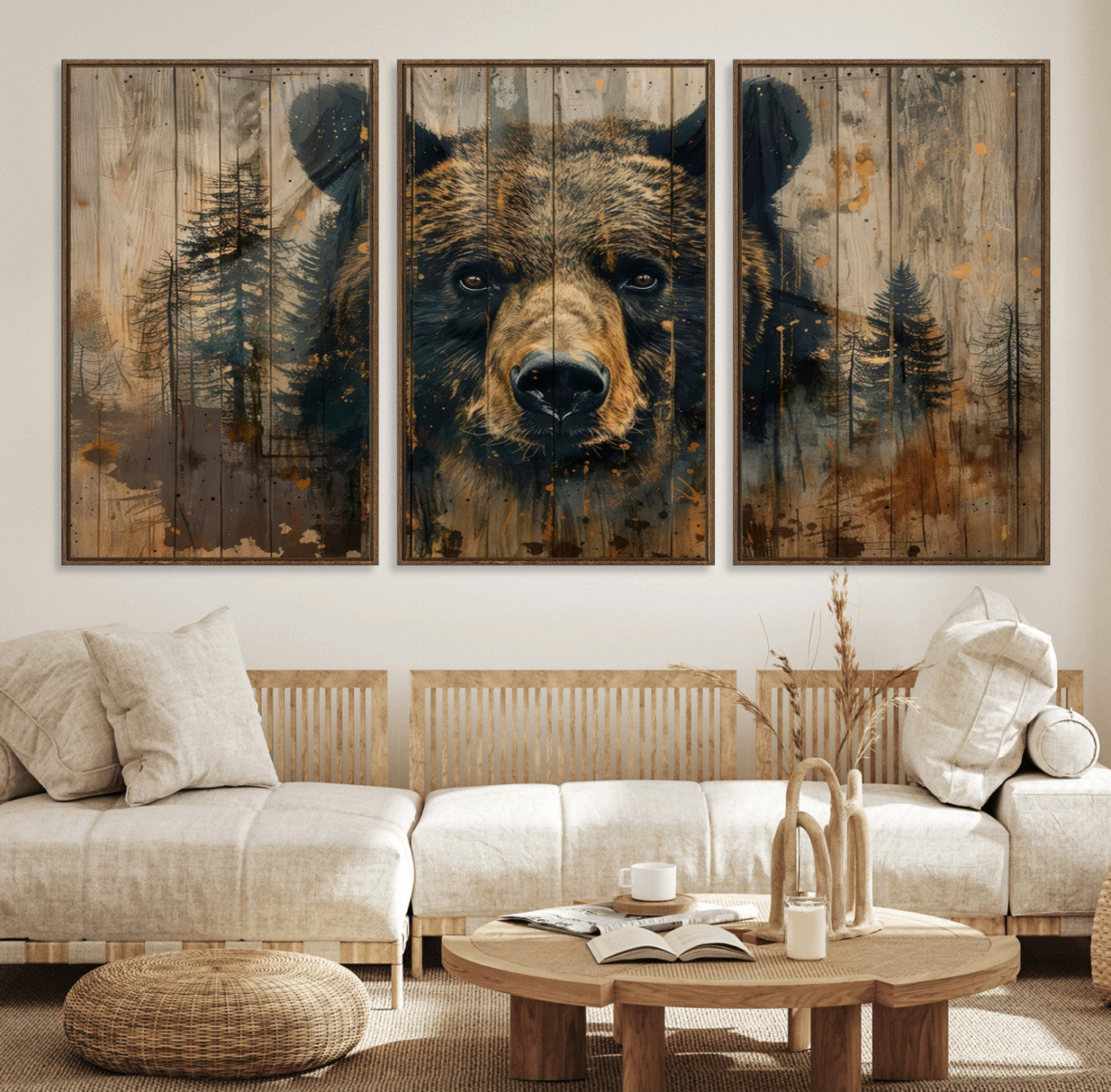 MGV-FC-60X30-3P - Abstract 399 Bear Wall Art | Rustic Cabin Wall Decor with Forest Design | Framed and Ready to Hang |