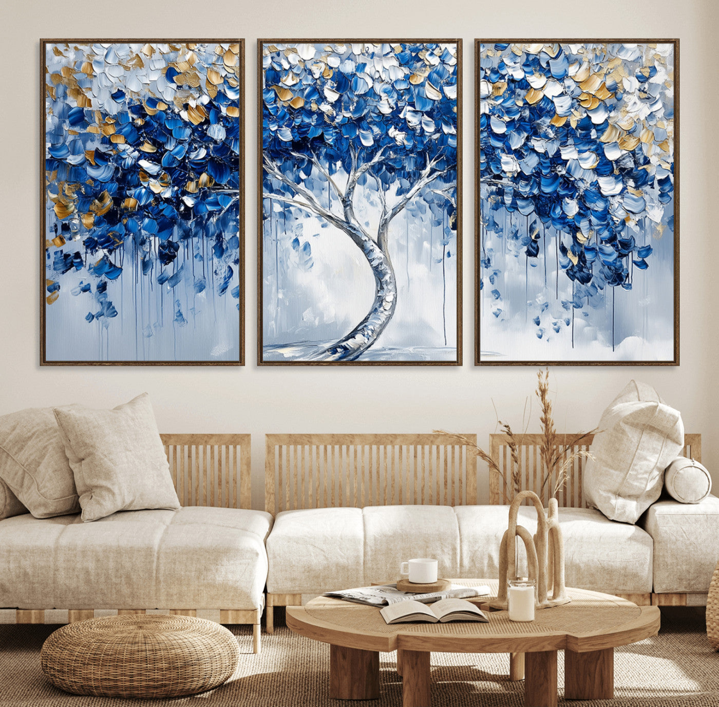 62350-MGV-FC-60X30-3P_Walnut-Blue and Gold Abstract Tree Wall Art Canvas Print | Modern Tree of Life Painting | Framed Canvas