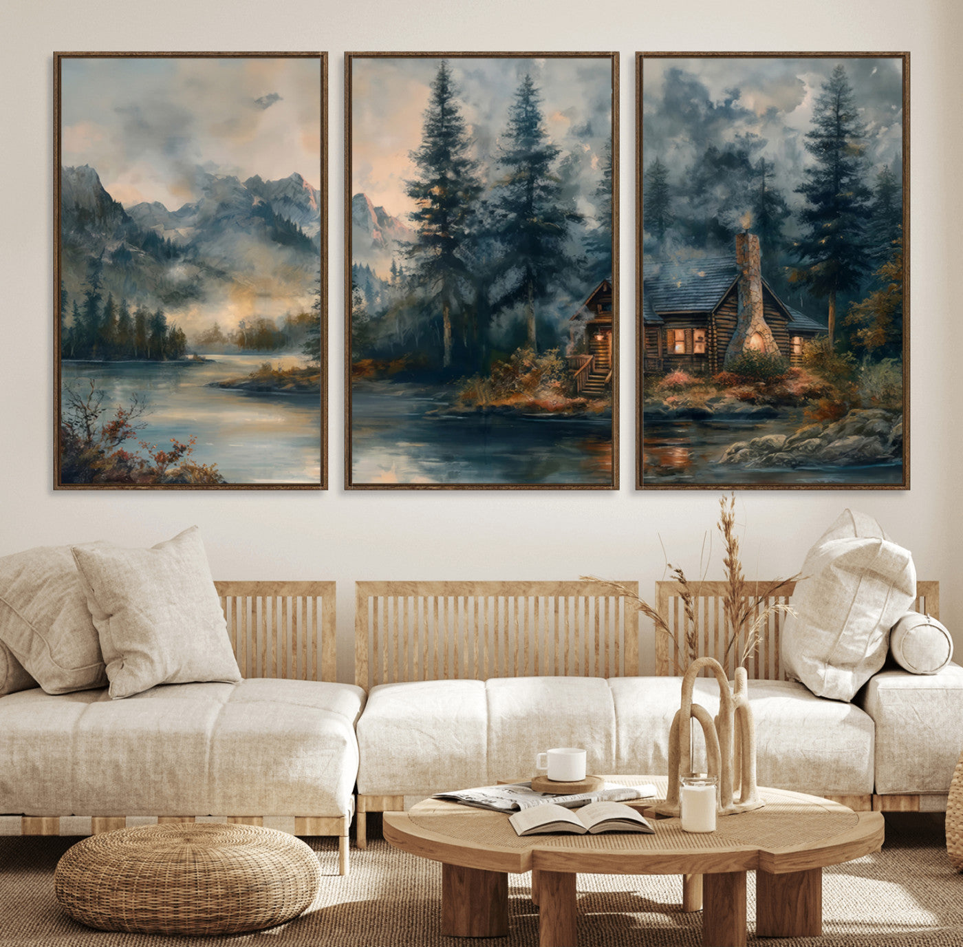 99088-MGV-FC-60X30-3P_Walnut-Rustic Cabin Woods Wall Art Print | Lake in a Forest Canvas Print | Cabin, Lodge, and Farmhouse