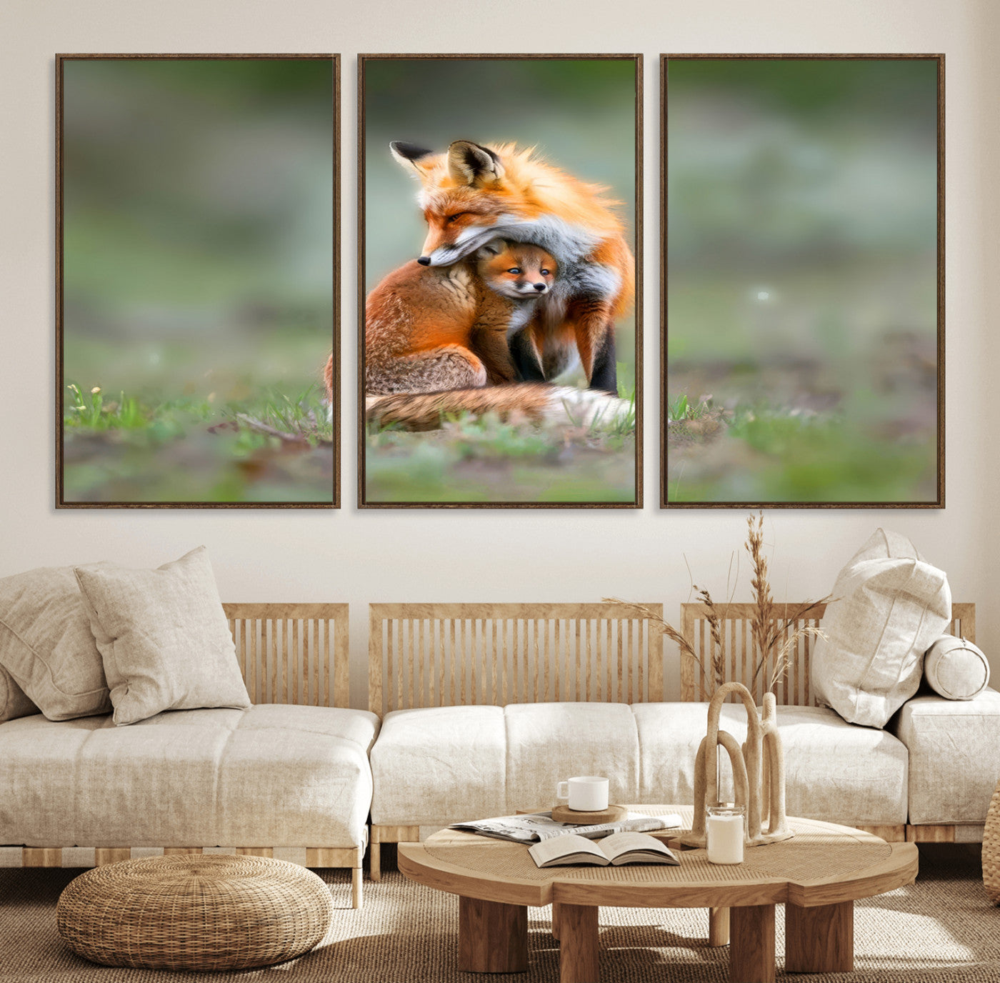38607-MGV-FC-60X30-3P_Walnut-Heartwarming Fox and Baby Cub Wall Art | Ready to Hang Canvas Print of Foxes in Nature | Perfect for