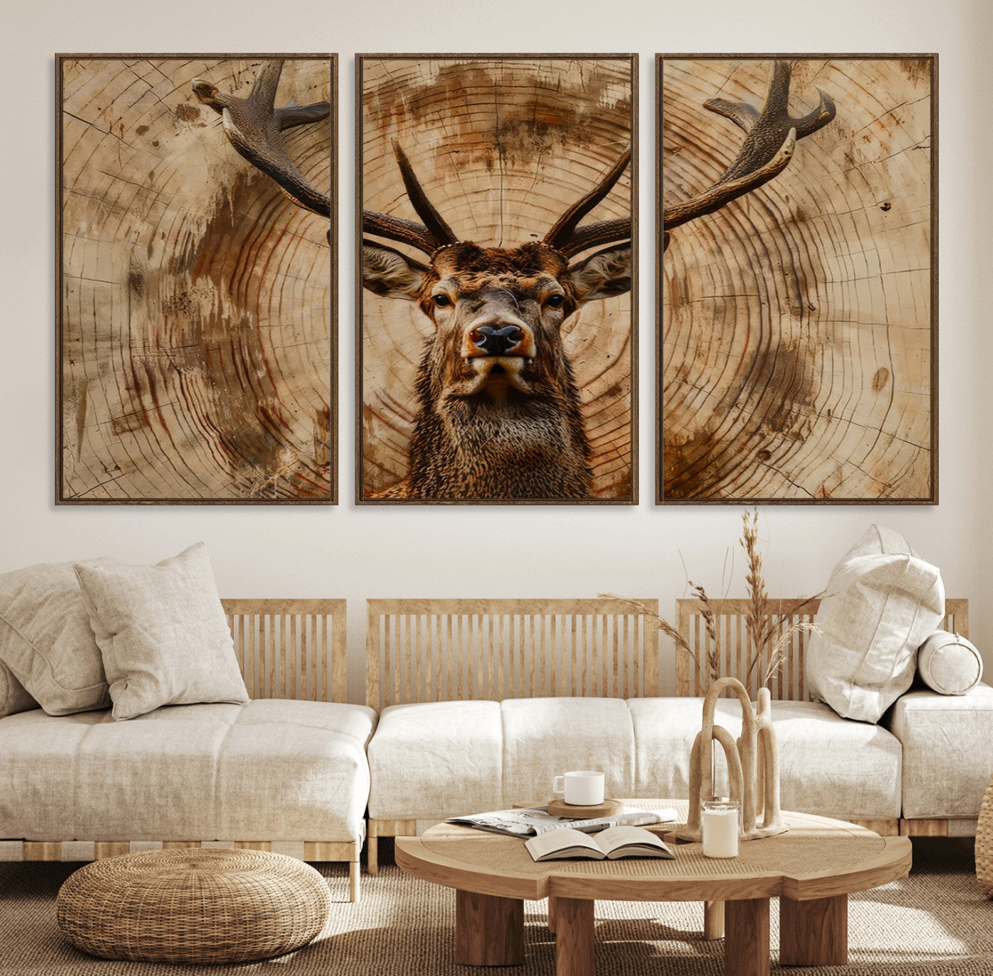 19375-MGV-FC-60X30-3P_Walnut-Wood Abstract Deer Wall Art | Rustic Wildlife Canvas Print | Ready to Hang Stag Head Triptych for