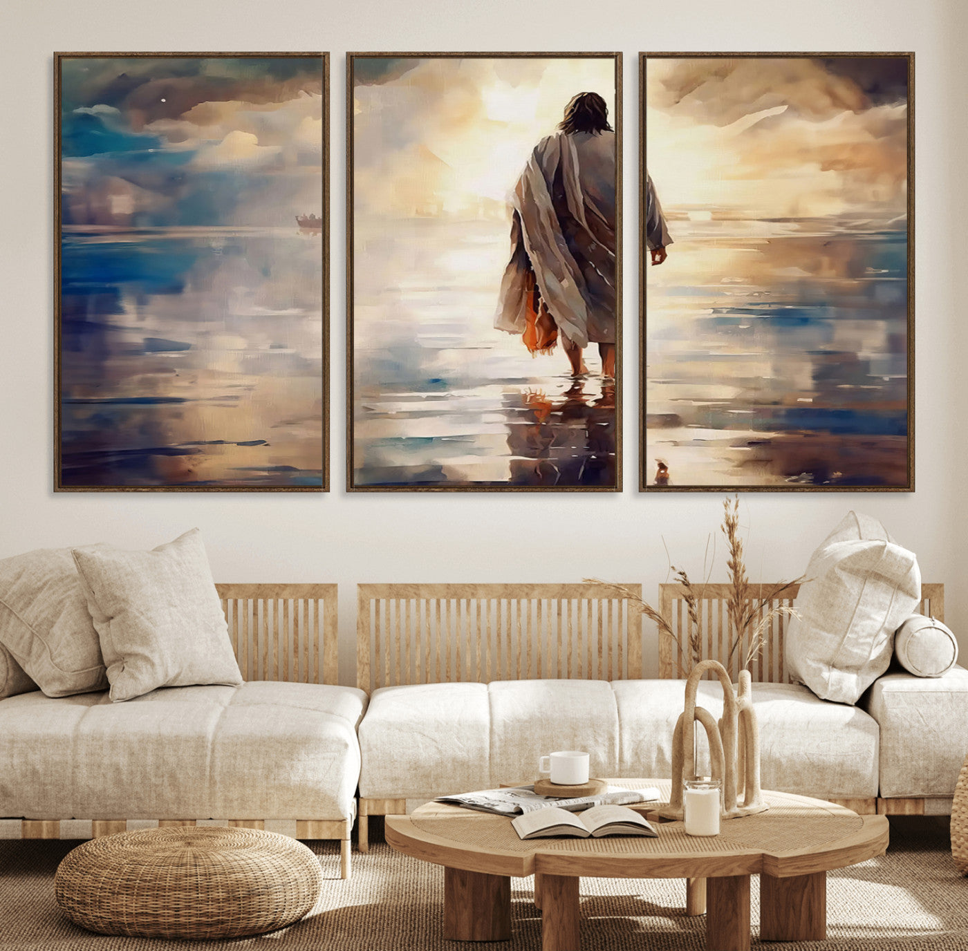 29769-MGV-FC-60X30-3P_Walnut-Jesus Walking on Water Wall Art | Ready to Hang Spiritual Triptych Canvas Print | Inspirational