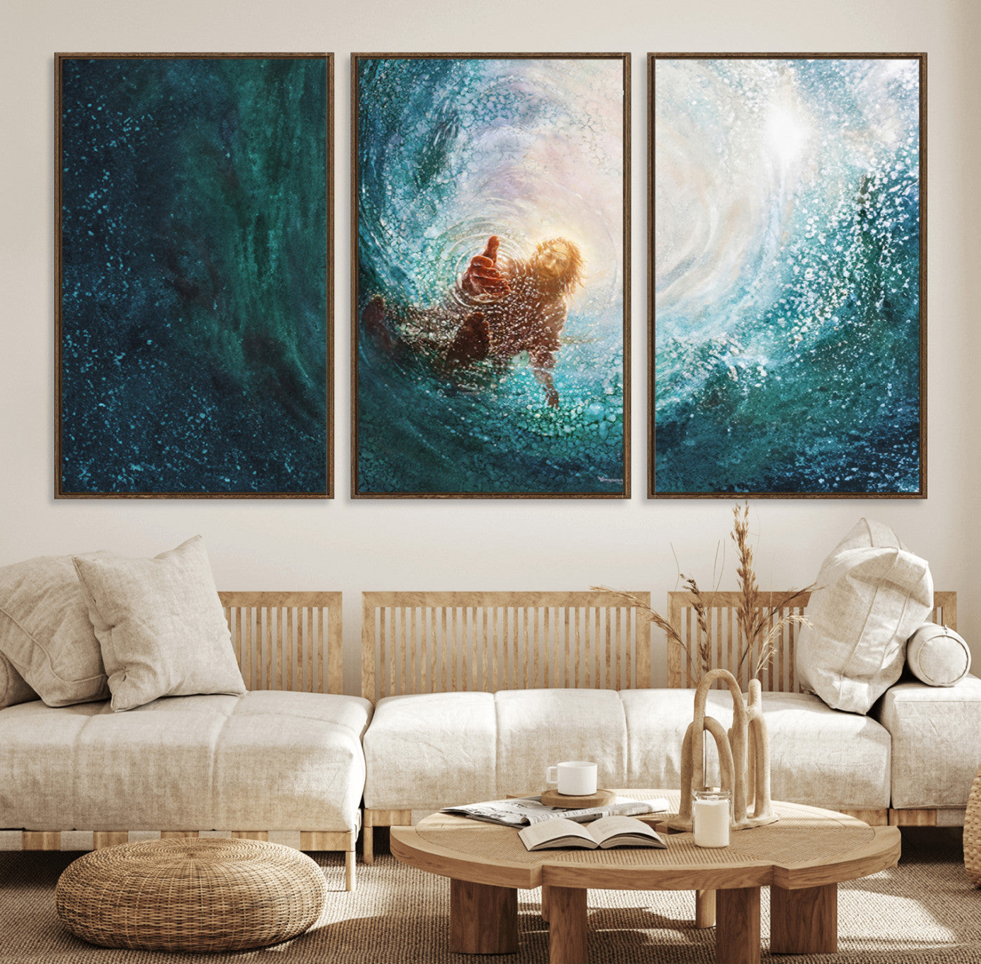 30368-MGV-FC-60X30-3P_Walnut-Powerful Jesus Canvas Print - Hand of Salvation, Inspirational Wall Art - Framed, Ready to Hang for